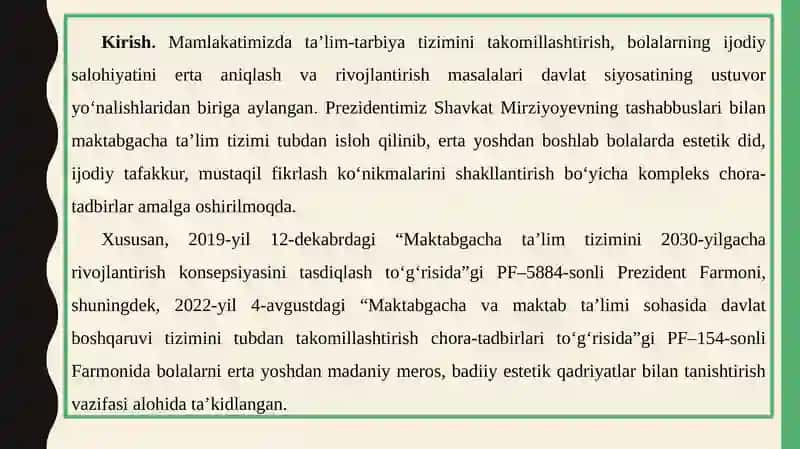 ESTETIK G‘OYALARNI RIVOJLANTIRISH VOSITASI SIFATIDA MAKTABGACHA YOSHDAGI BOLALARNI BADIIY HUNARMANDCHILIK BILAN TANISHTIRISH 3