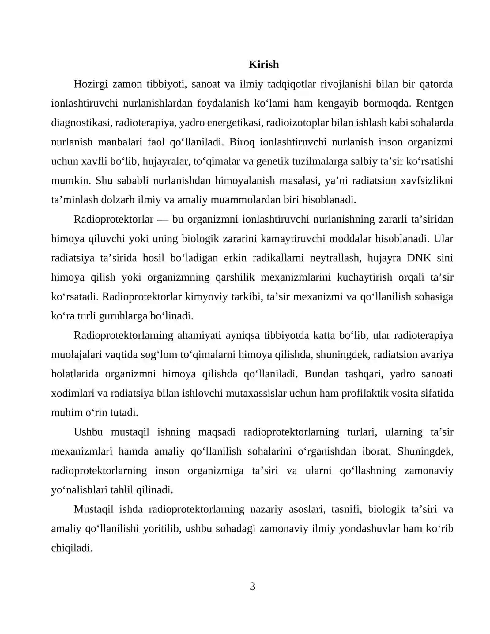 Radioprotektorlar va ularning tavsiflanishi. Radioprotektorlarning qoʻllanilishi 3