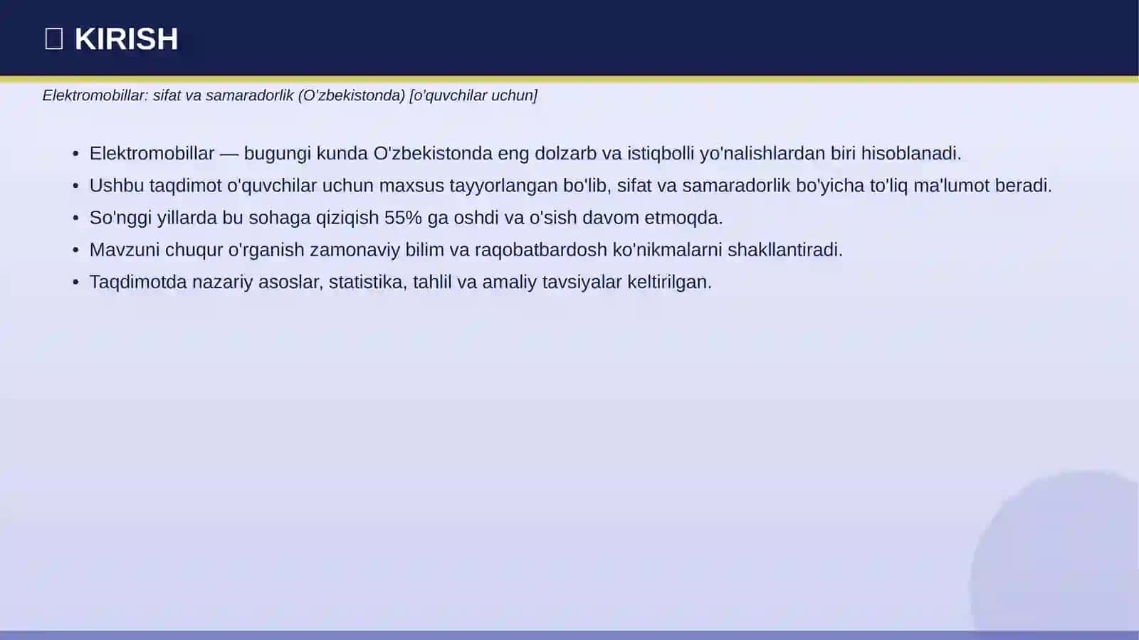 Elektromobillar: sifat va samaradorlik (O'zbekistonda) [o'quvchilar uchun] 3