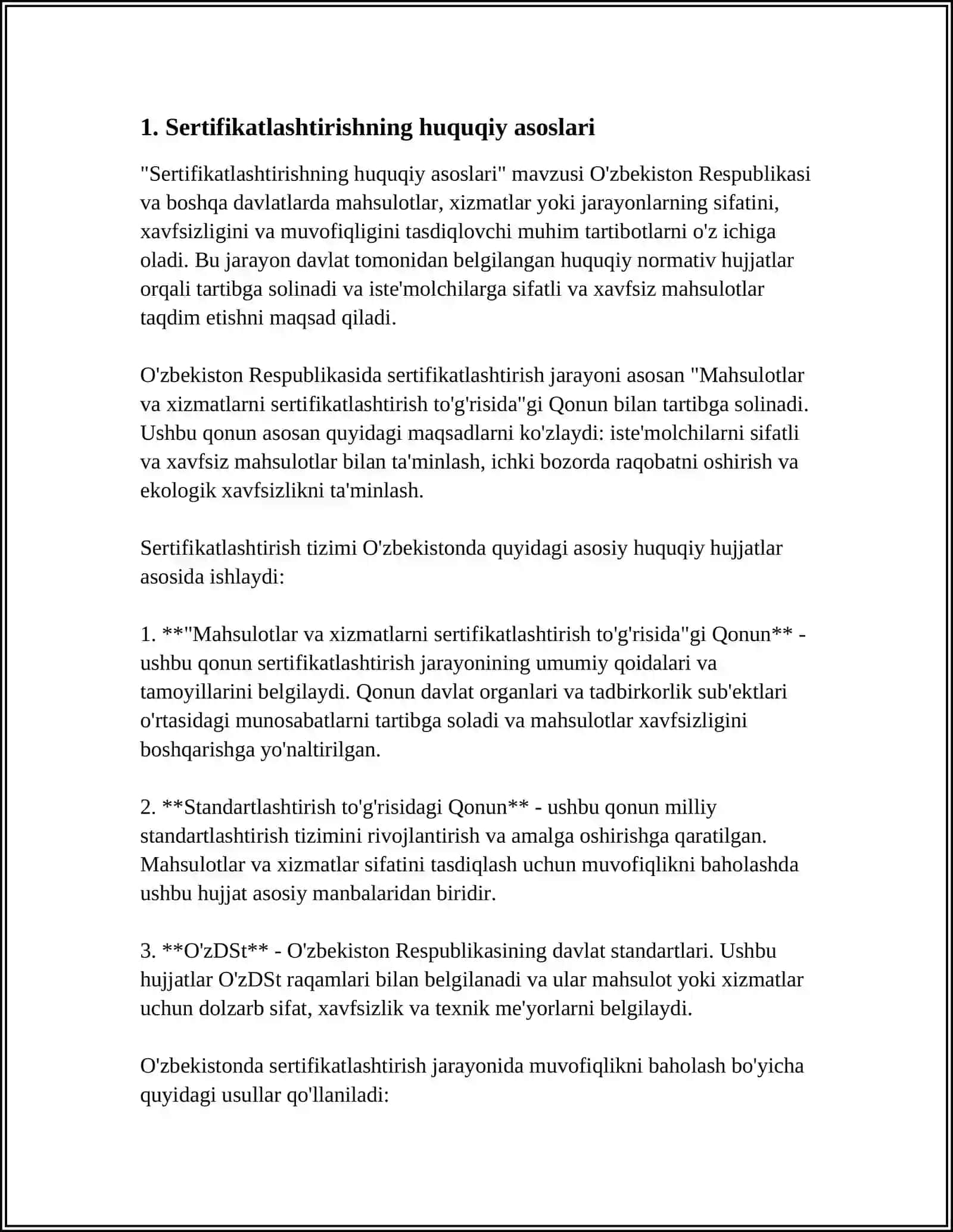 MUSTAQIL ISH Mavzu: SERTIFIKATLASHTIRISH VA UNING HUQUQIY-MEYORIY TAʼMINOTI 3