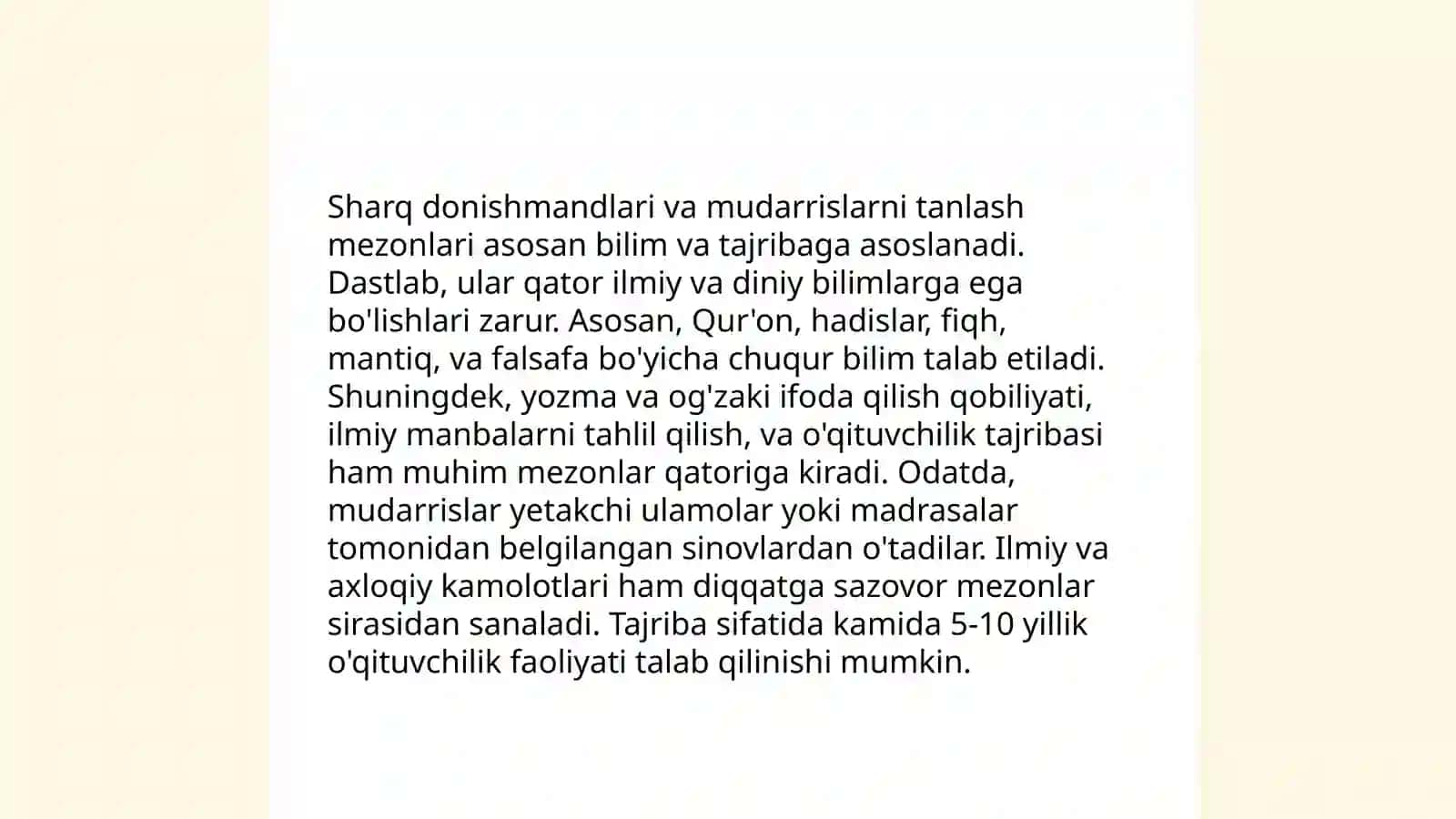 Sharq donishmandlari va mutafakkirlarining ijodiy merosida mudarrislarni tanlash,ularga qòyilgan talab ularning mahorati,muloqot,muomala madaniyatiga qòyilgan talablar 3