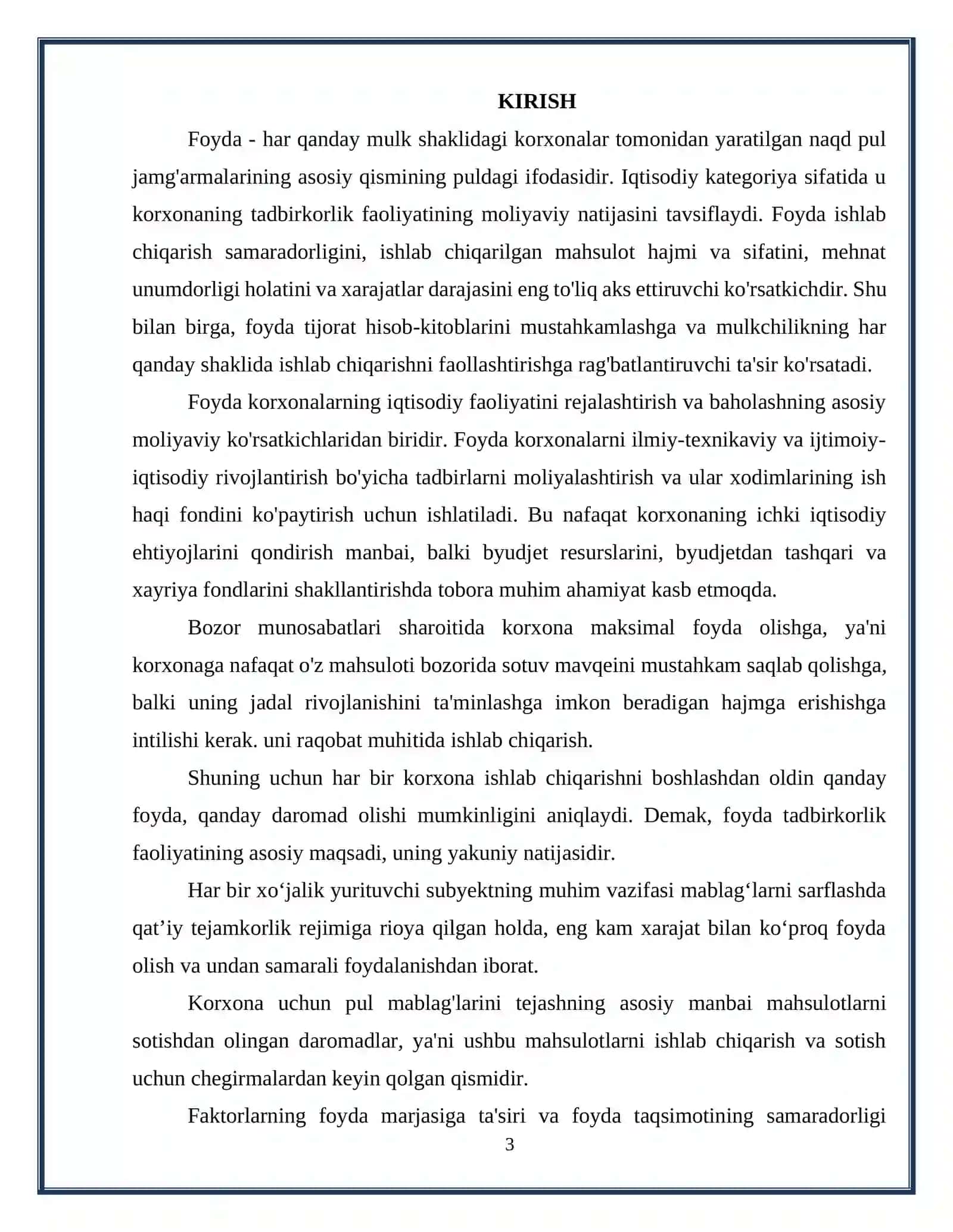 Kurs ishi: Korxona foydasini shakllantirish va undan samarali foydalanish yollari 3