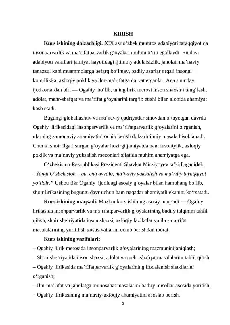 Ogahiy lirikasida insonparvarlik, marifatparvarlik gʻoyalari talqini. 3