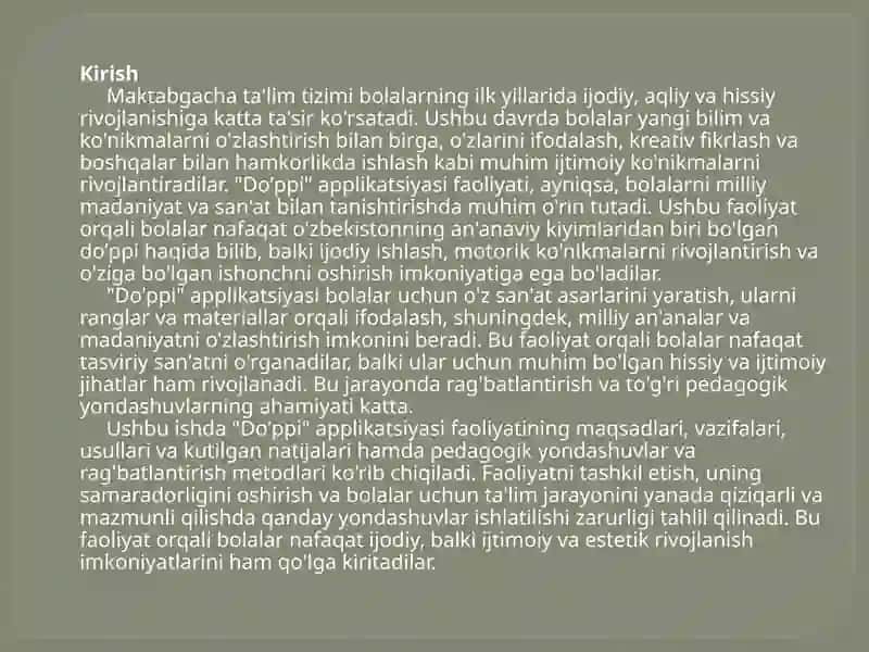 “Doʼppi” applikatsiyasi va yasash. (tayyorlov guruh) Sanʼat markazi 3