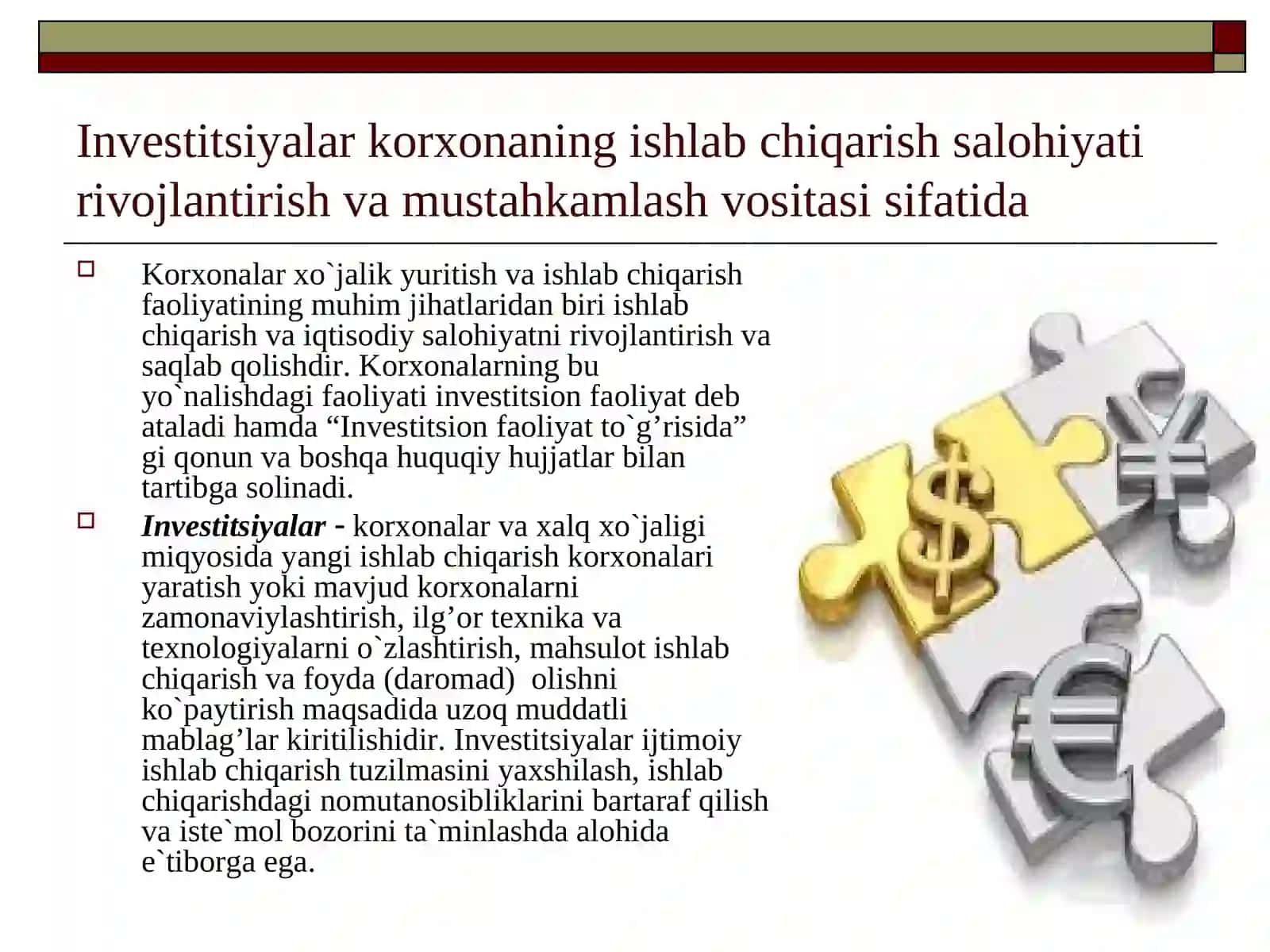 Investitsiyalar korxonaning ishlab chiqarish salohiyati rivojlantirish va mustahkamlash vositasi 3