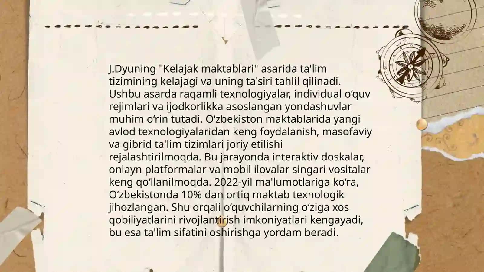 J.Dyuning Kelajak maktablariasarining mohiyatini Oʻzbekiston maktablari misolida tahlil etish 3