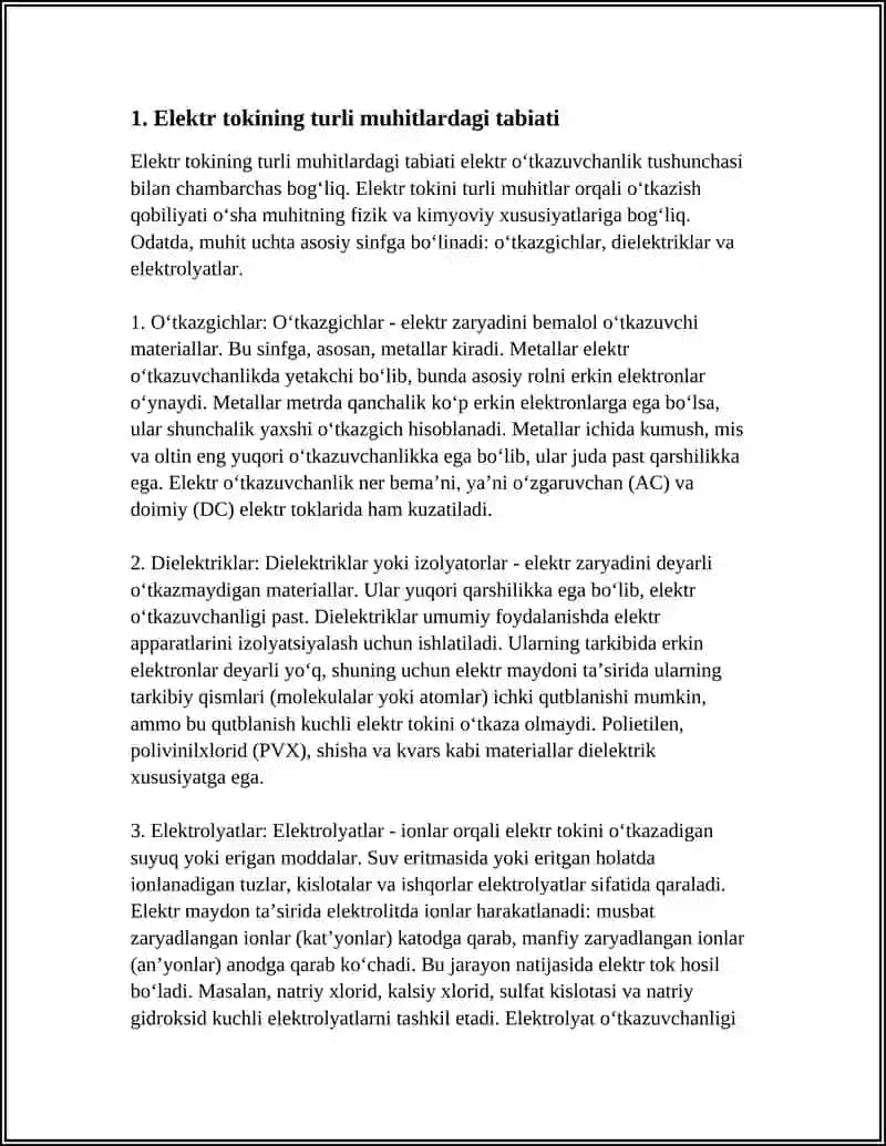 ELEKTOR TOʻKNING TURLI MUHITDAGI TABIATI DELEKTRIK. ELEKTROLITLAR ELEKTOR OʻTKAZUVCHANLIK 3