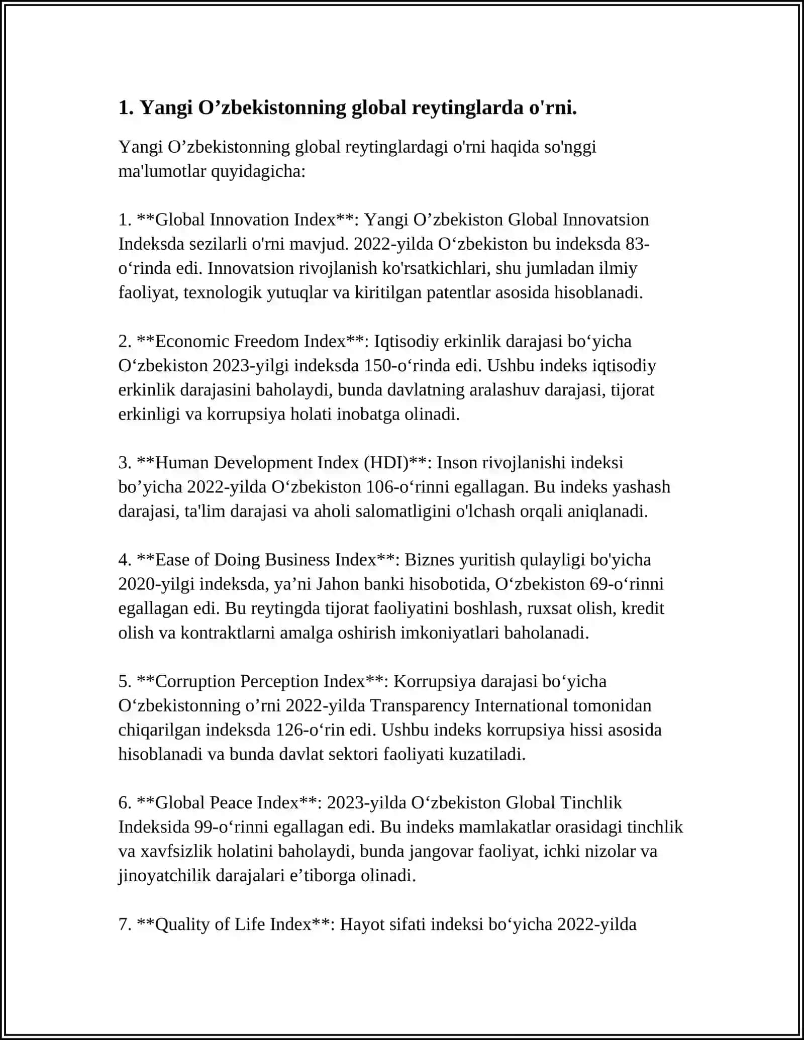 YANGI O’ZBEKISTON IJTIMOIY-SIYOSIY, IQTISODIY VA MADANIY HAYOTIDA RO’Y BERAYOTGAN O’ZGARISHLARNING XALQARO REYTING VA INDEKSLARDA AKS ETISHI 3