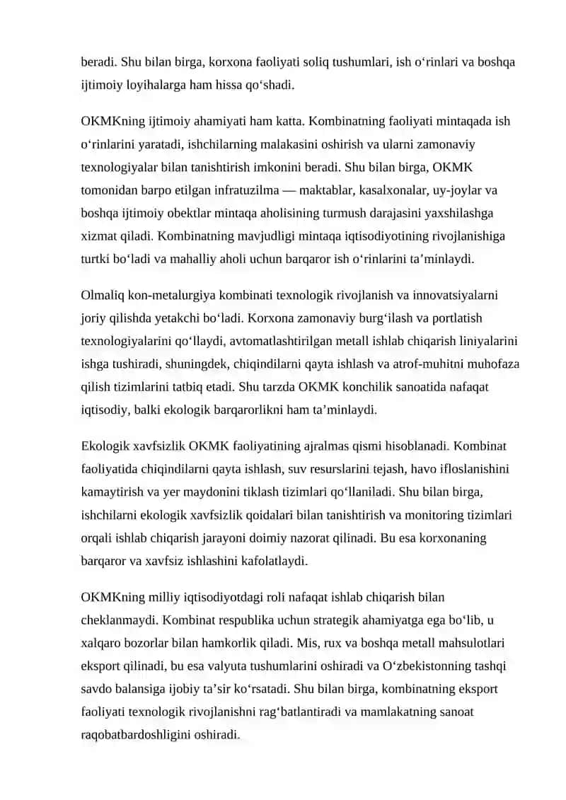 Olmaliq kon-metalurgiya kombinati (OKMK) o’rni va ahamiyati 3