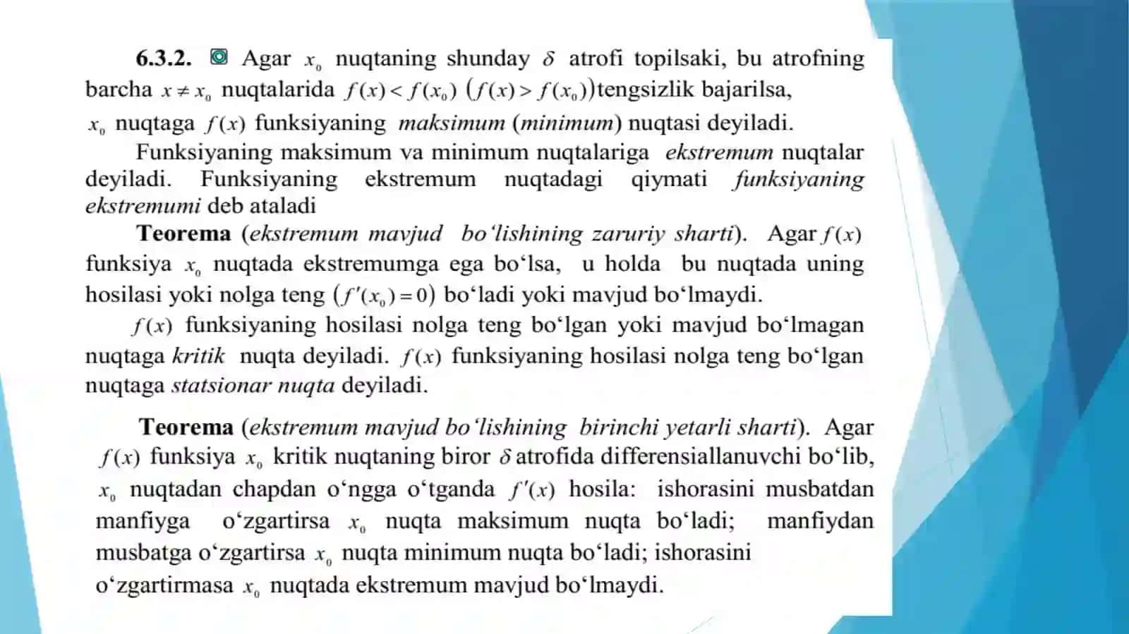 Funksiyaning o’sish va kamayishi.Funksiya ekstremumlari kesmada uzluksiz funksiyaning eng katta va eng kichik qiymatlari 3