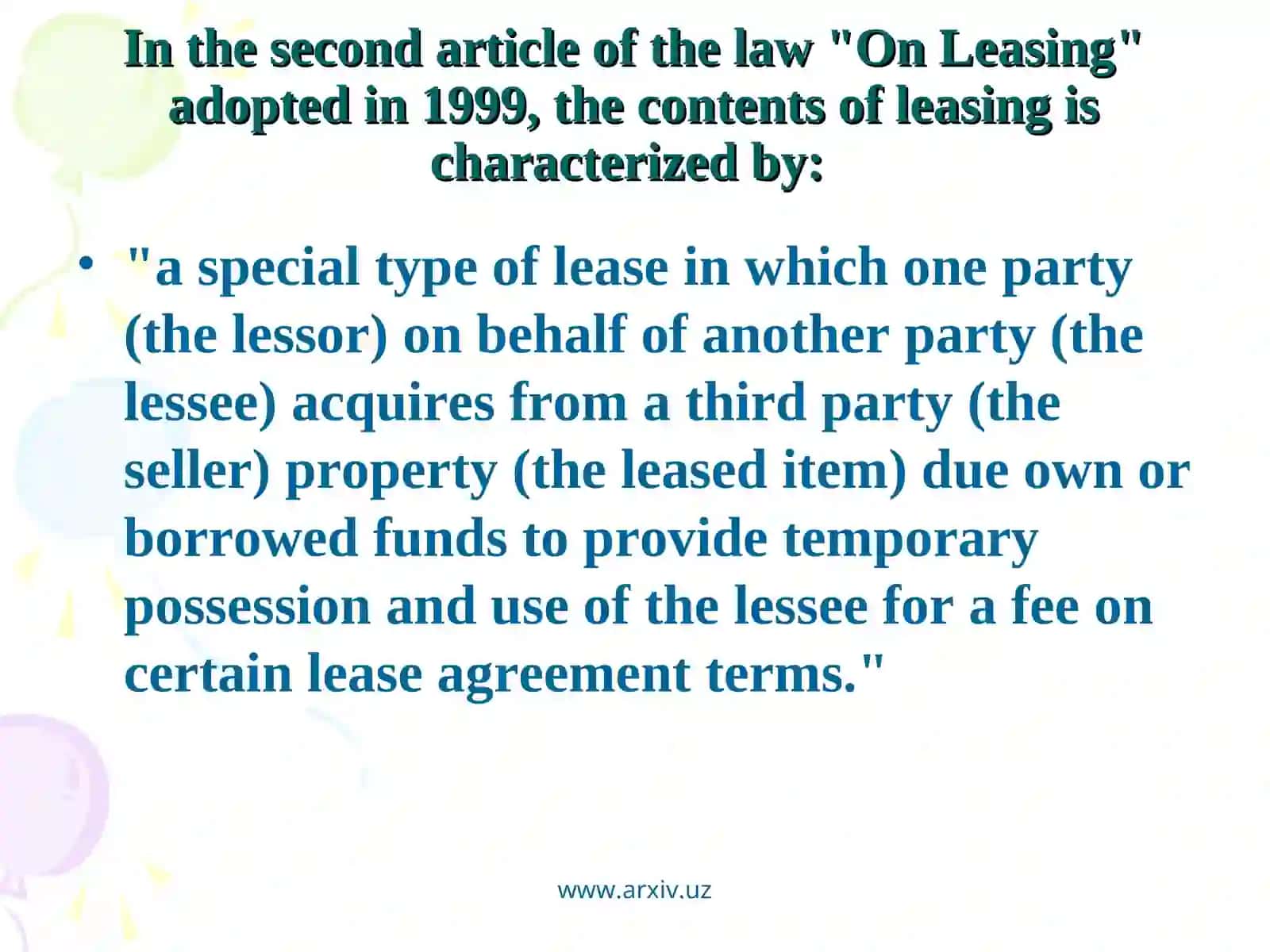 Leasing mechanism in financing investments 3