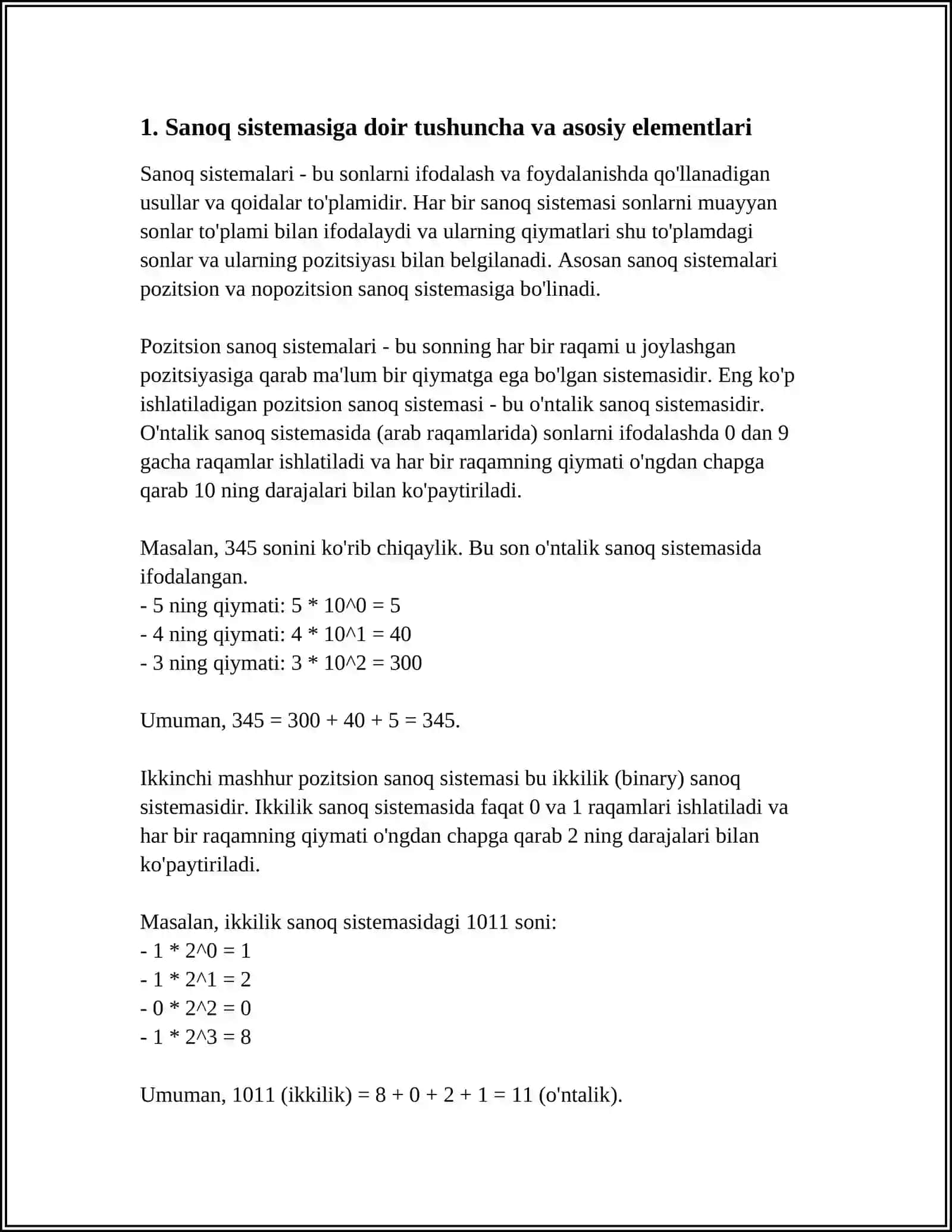 TURLI SANOQ SISTEMALARI HAQIDA TUSHUNCHA.POZITSION VA NOPOZITSION SANOQ SISTEMALARI 3