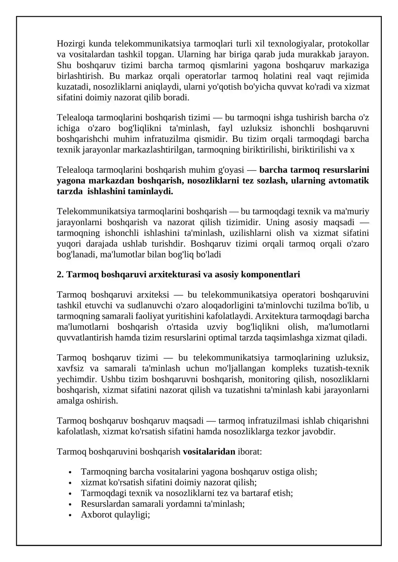 Telekommunikatsiya tarmoqlari boshqarish tizimini qurishning umumiy kontseptiyasi 3