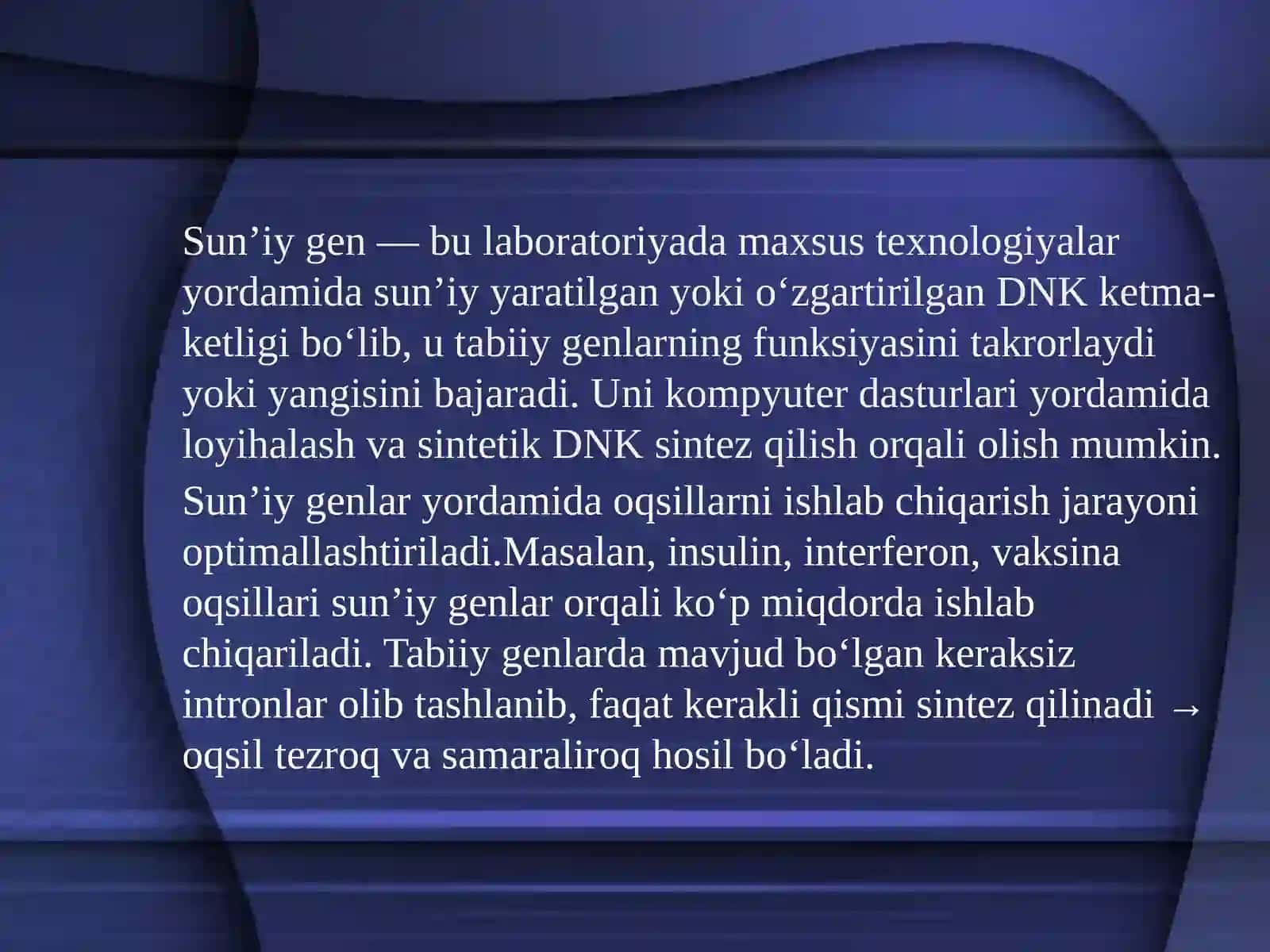 AGROBIOTEXNOLOGIYA FANIDAN TAYYORLAGAN MUSTAQIL ISH TQDIMOTI:SUN’IY GENLAR VA SINTETIK BIOLOGIYA 3