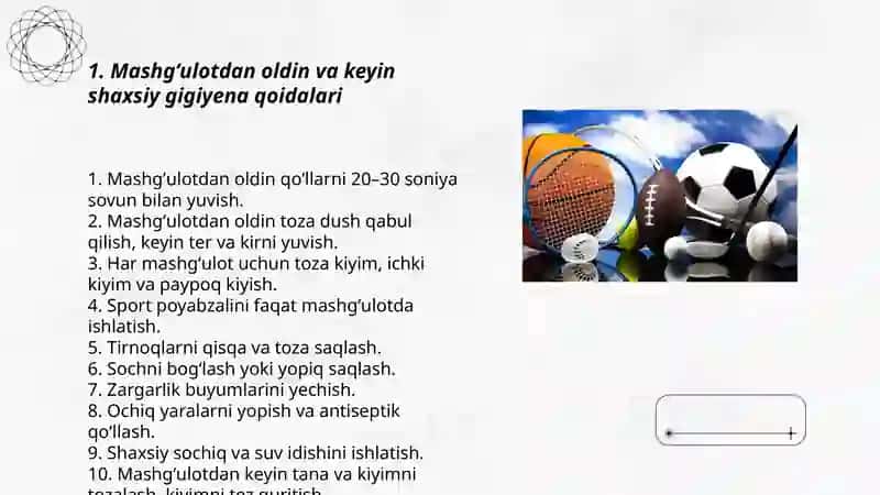 Jismoniy tarbiya va sport bilan shugʻullanishda shaxsiy va jamoa gigiyenasi 3