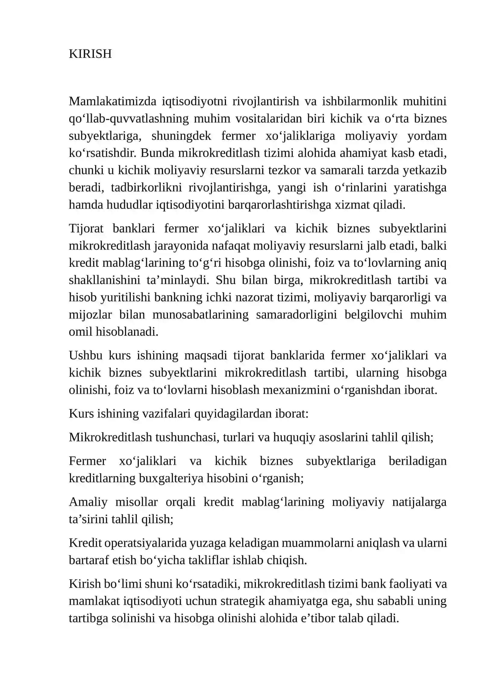 TIJORAT BANKLARI TOMONIDAN FERMER XO'JALIKLARI KICHIK BIZNES SUBYEKTLARINI MIKROKREDITLASH TARTIBI VA HISOBI 3