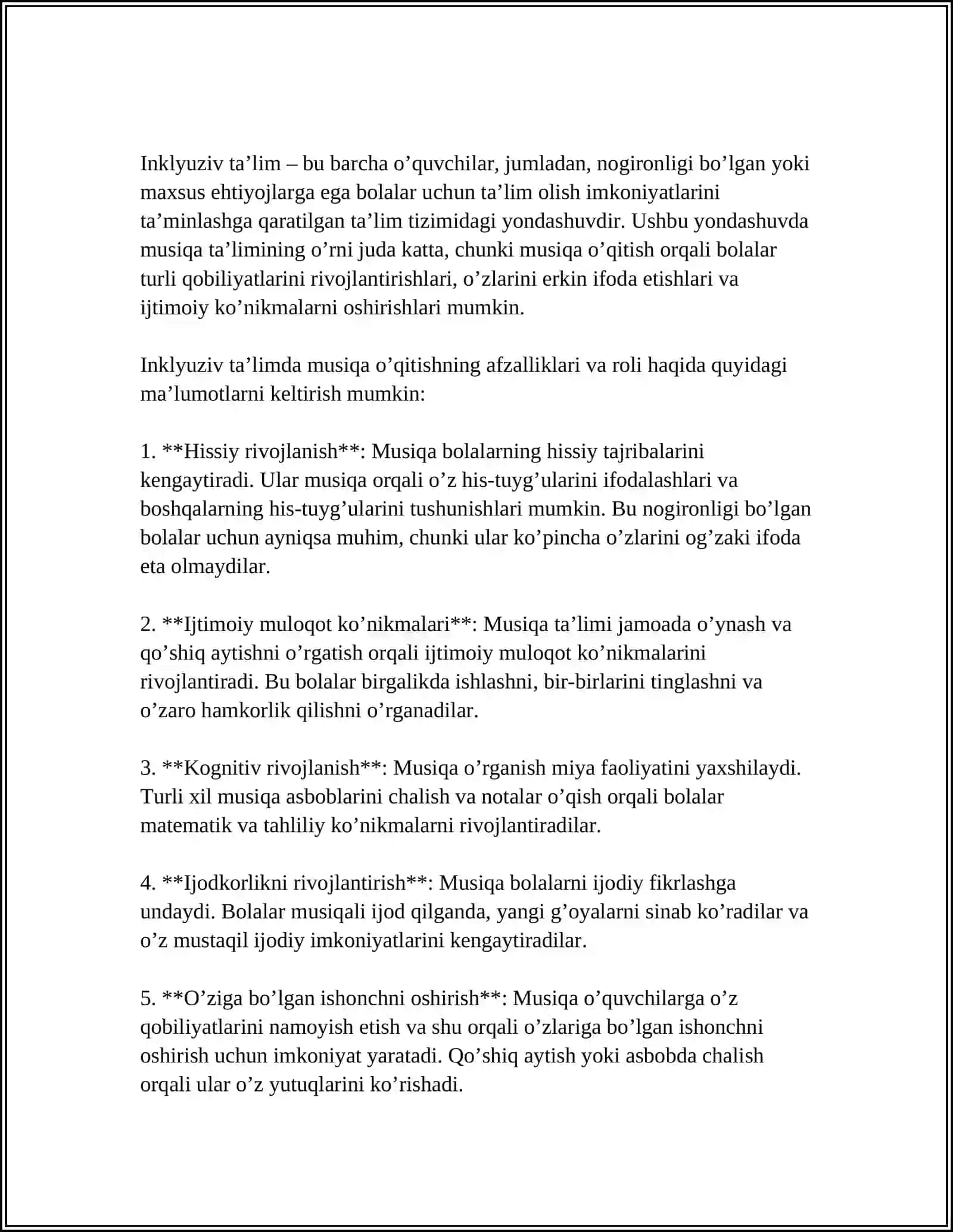 INKLYUZIV TA’LIM SHAROITIDA MUSIQA O’QITISH METODIKASI FANINI O’QITISHNING MAQSAD VA VAZIFALARI 3
