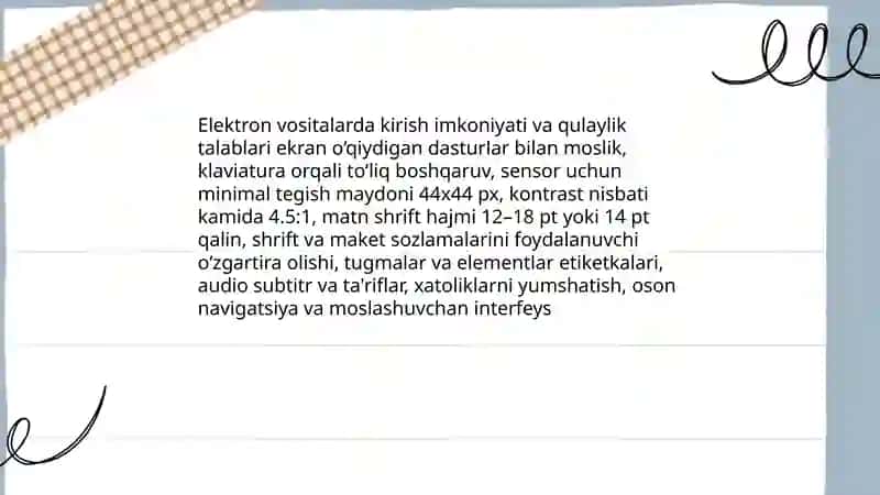 Psixofizik rivojlanishining alohida ehtiyojlari bo’lgan bolalarni o’qitishning elektron vositalariga qo’yiladigan talablar 3