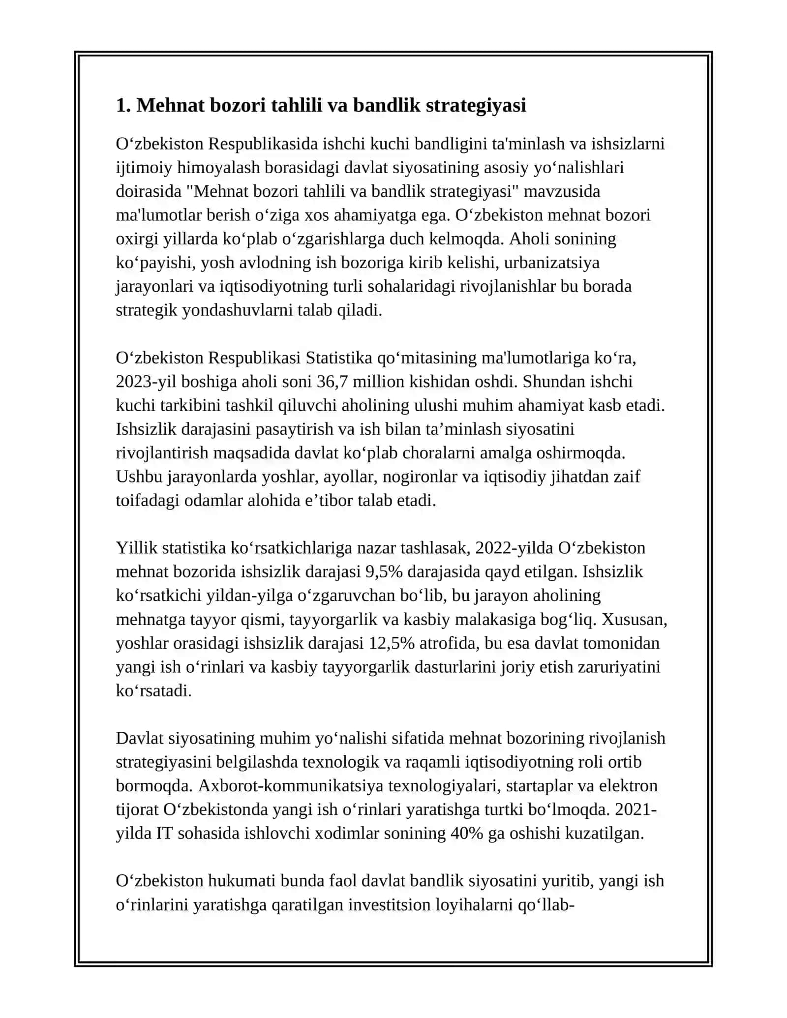O'ZBEKISTONDA ISHCHI KUCHI BANDLIGINI TA'MINLASH VA ISHSIZLARNI IJTIMOIY HIMOYALASH BORASIDAGI DAVLAT SIYOSATI 3