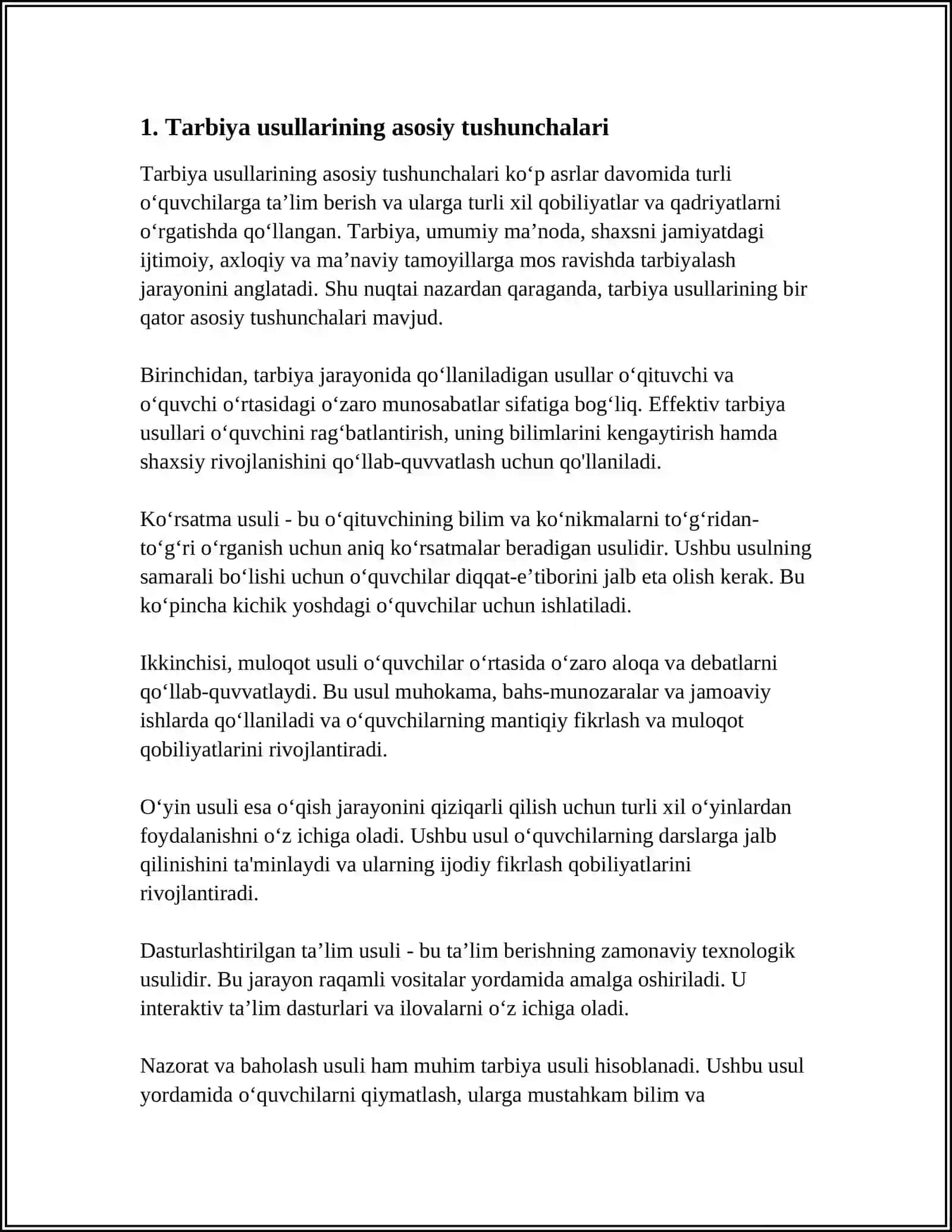 TARBIYA USULLARI VA SHAKLLARI. TARBIYA USULLARINI TANLASHGA QO’YILADIGAN TALABLAR 3