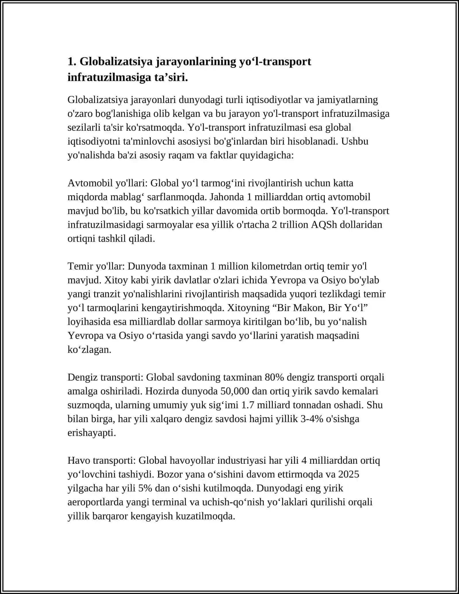 GLOBALLASHUV JAROYONLARINING YO‘L – TRANSPORT SOHASIGA TA’SIRI 3