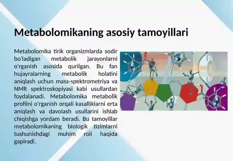 Metabolomika (tirik hujayralarda sodir bo'ladigan jarayonlarga xos noyob kimyoviy "barmoq izlari"ni tizimli o'rganish) fanining asoslari 3