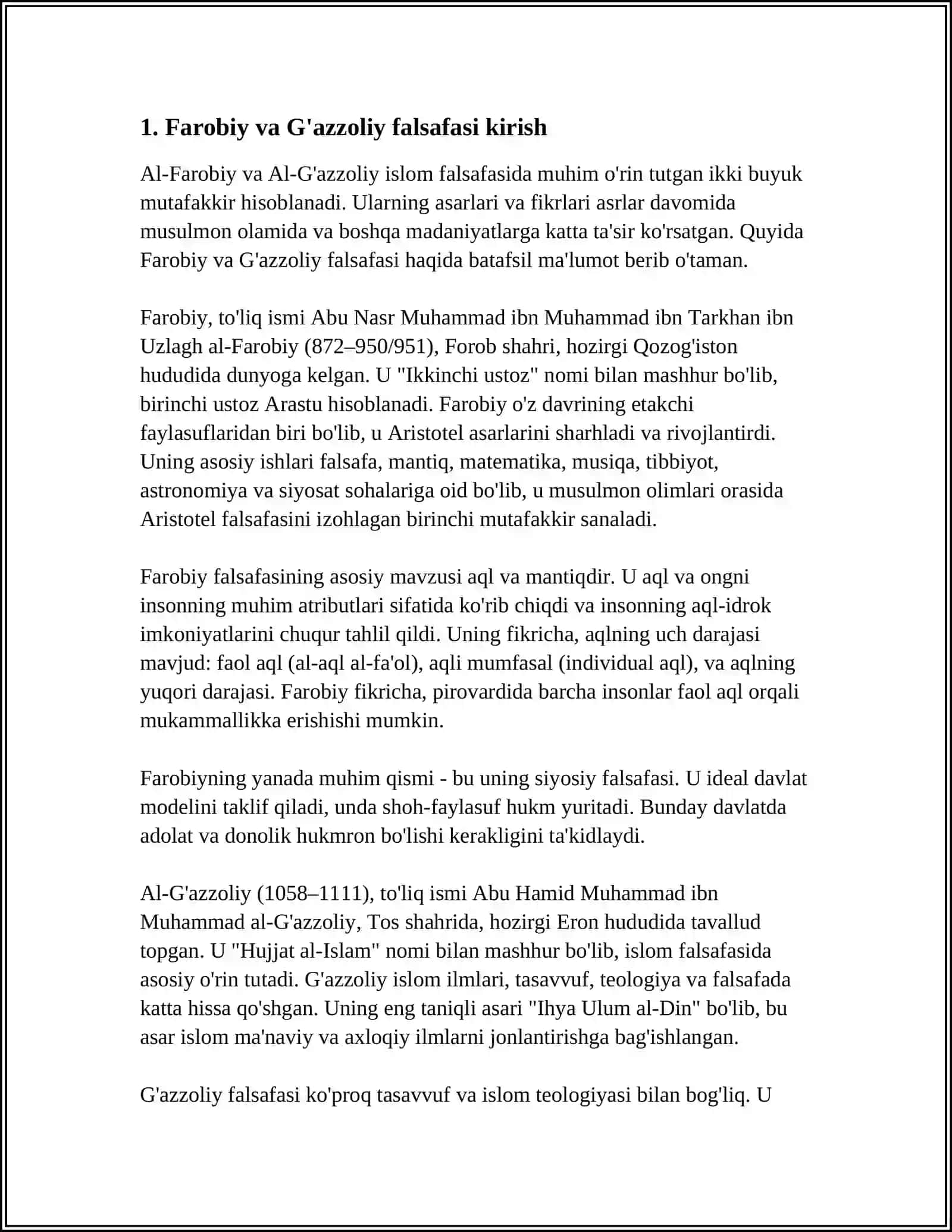 ABU NASR FAROBIY VA G'AZZOLIYNING FALSAFA ILMIGA OID QARASHLARINI QIYOSIY TAHLIL ETISH (FAROBIYNING "SIYOSAT FALSAFASI" VA G'AZZOLIYNING "KIMYOI SAODAT" ASARLARI ASOSIDA) 3