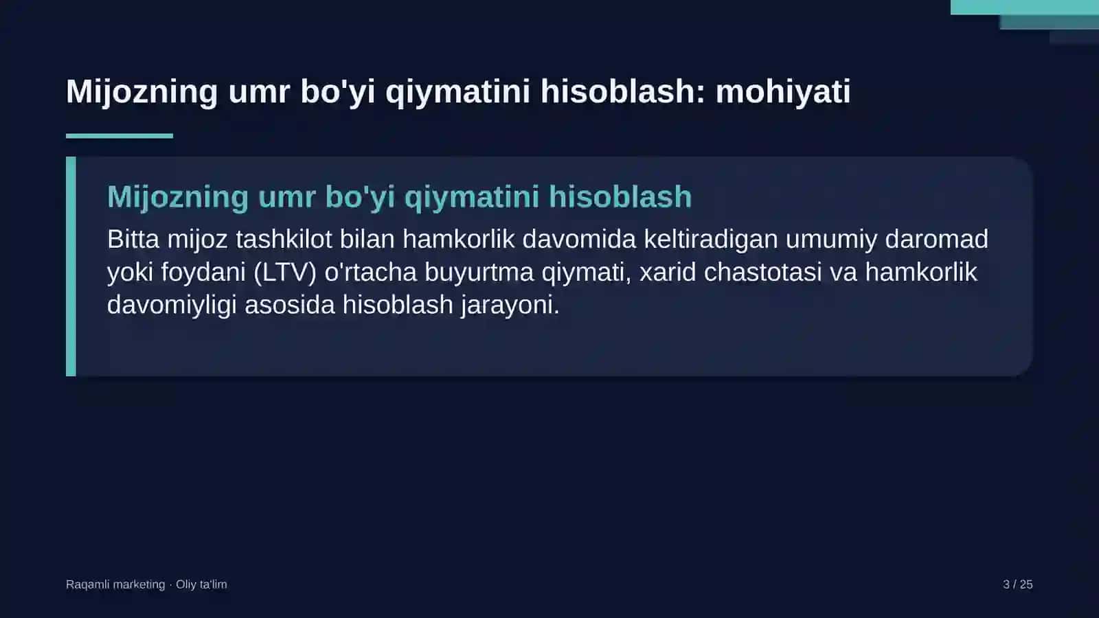 Kosmetika do'konlarida mijozning umr bo'yi qiymatini hisoblash 3
