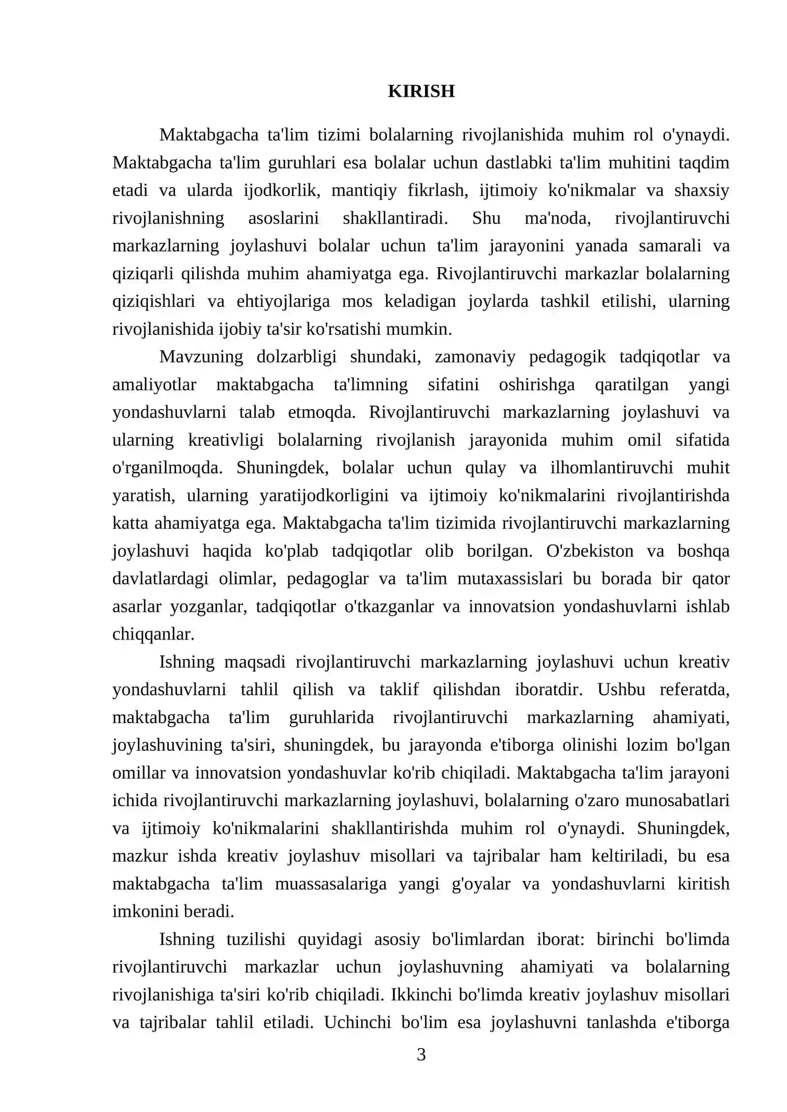 MAKTABGACHA TA'LIM GURUHLARIDA RIVOJLANTIRUVCHI MARKAZLARNI TASHKIL ETISH FANIDAN TAYYORLAGAN REFERATI 3