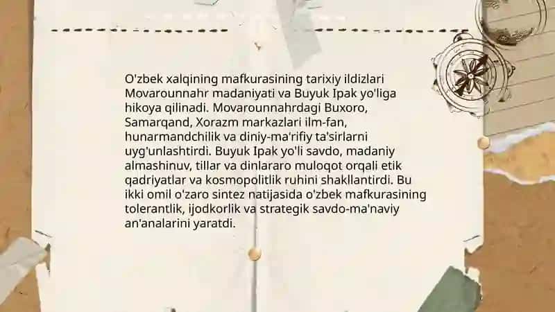O'zbek xalqi mafkurasining tarixiy o'rni va bugungi kundagi ahamiyati 3