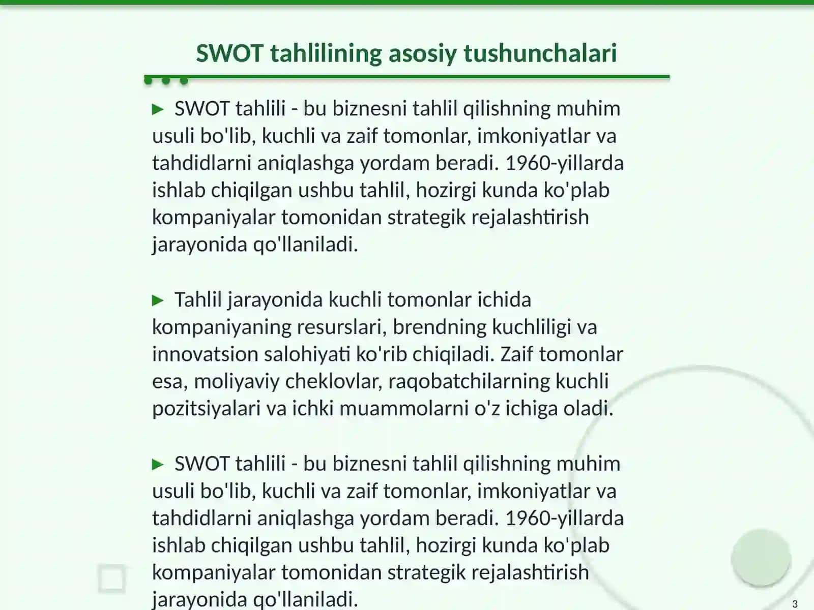 Swot tahlili asosida kelajakdagi biznesni taxlil qilish 3