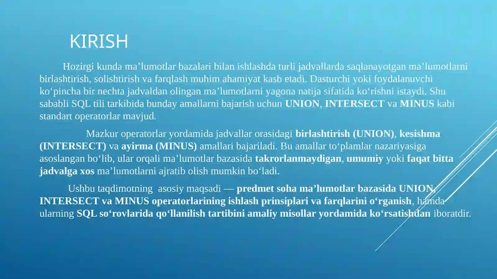 Malumotlar bazasi Union minis va Intersect 3