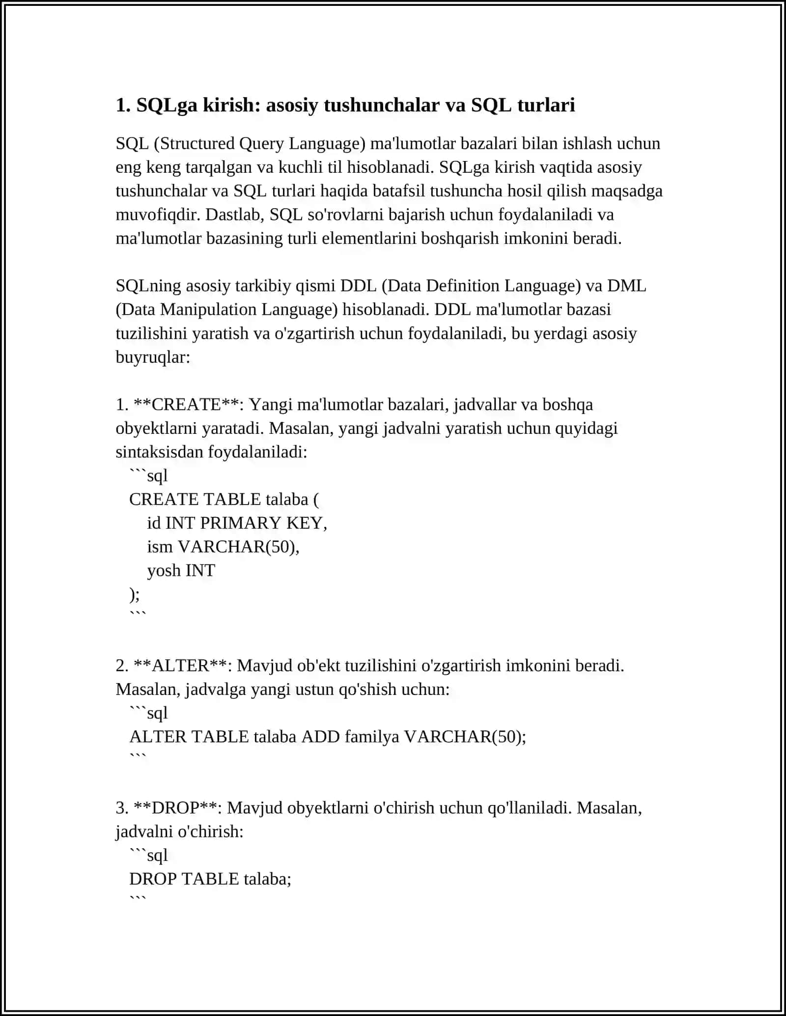 SQLGA KIRISH. DDL VA DML: CREATE, ALTER, DROP, INSERT, UPDATE, DELETE. TIPLAR VA CHEKLOVLAR 3