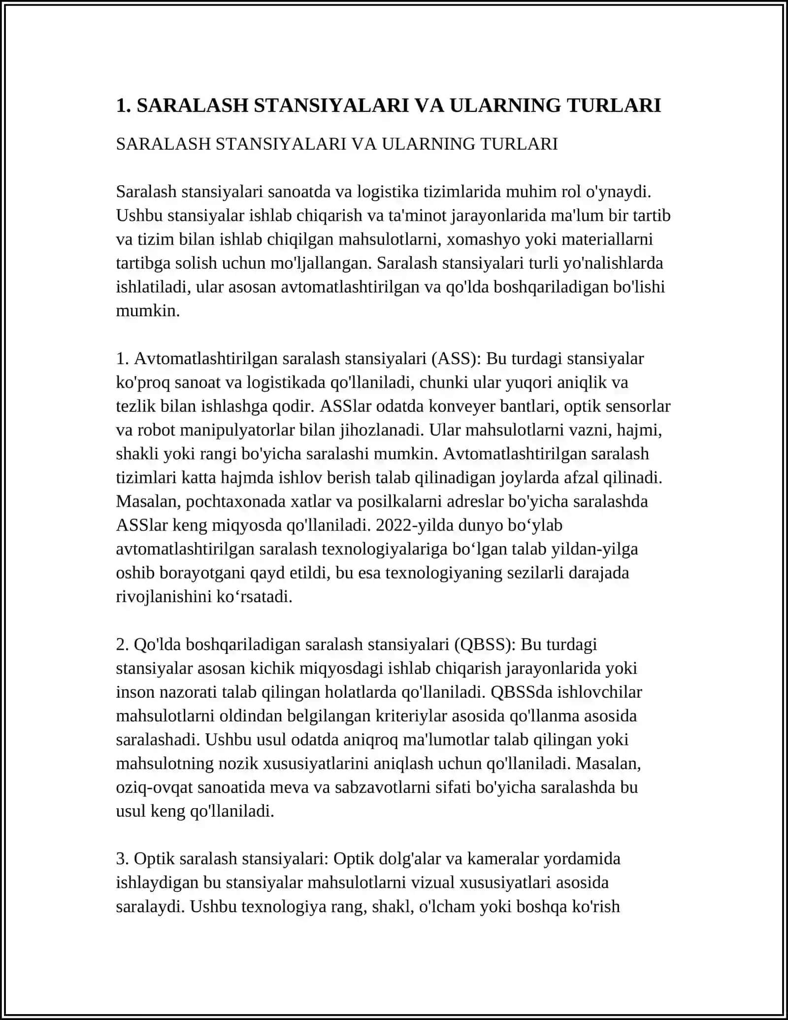 MUSTAQIL ISH Mavzu: SARALASH STANSIYA ISHINING BOSHQARISHNING AVTOMATLASHTIRILGAN TIZIMI 3