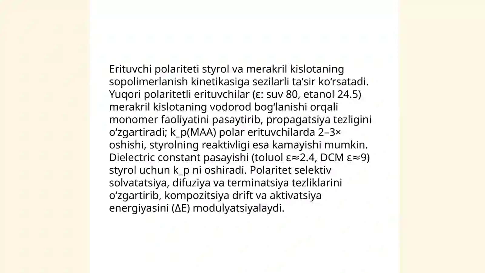 Erituvchi polaritetining styrol va merakril kislotaning sopolimerlanish kinetikasiga ta'siri 3