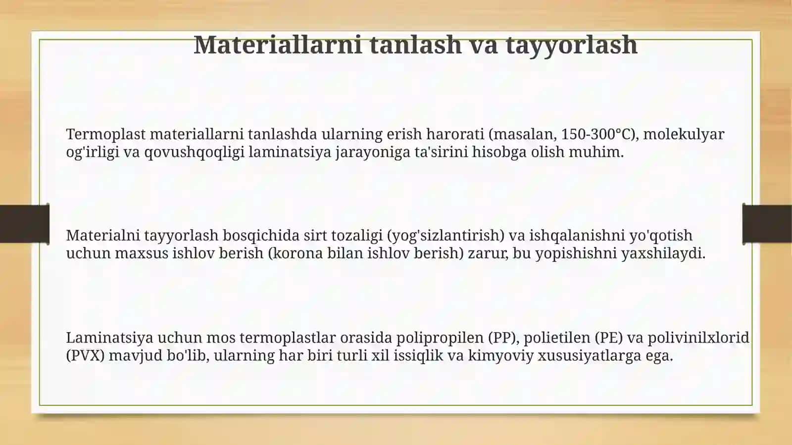 Termoplastlar asosida qatlamli materiallar shakllantirishni namoyish etish 3