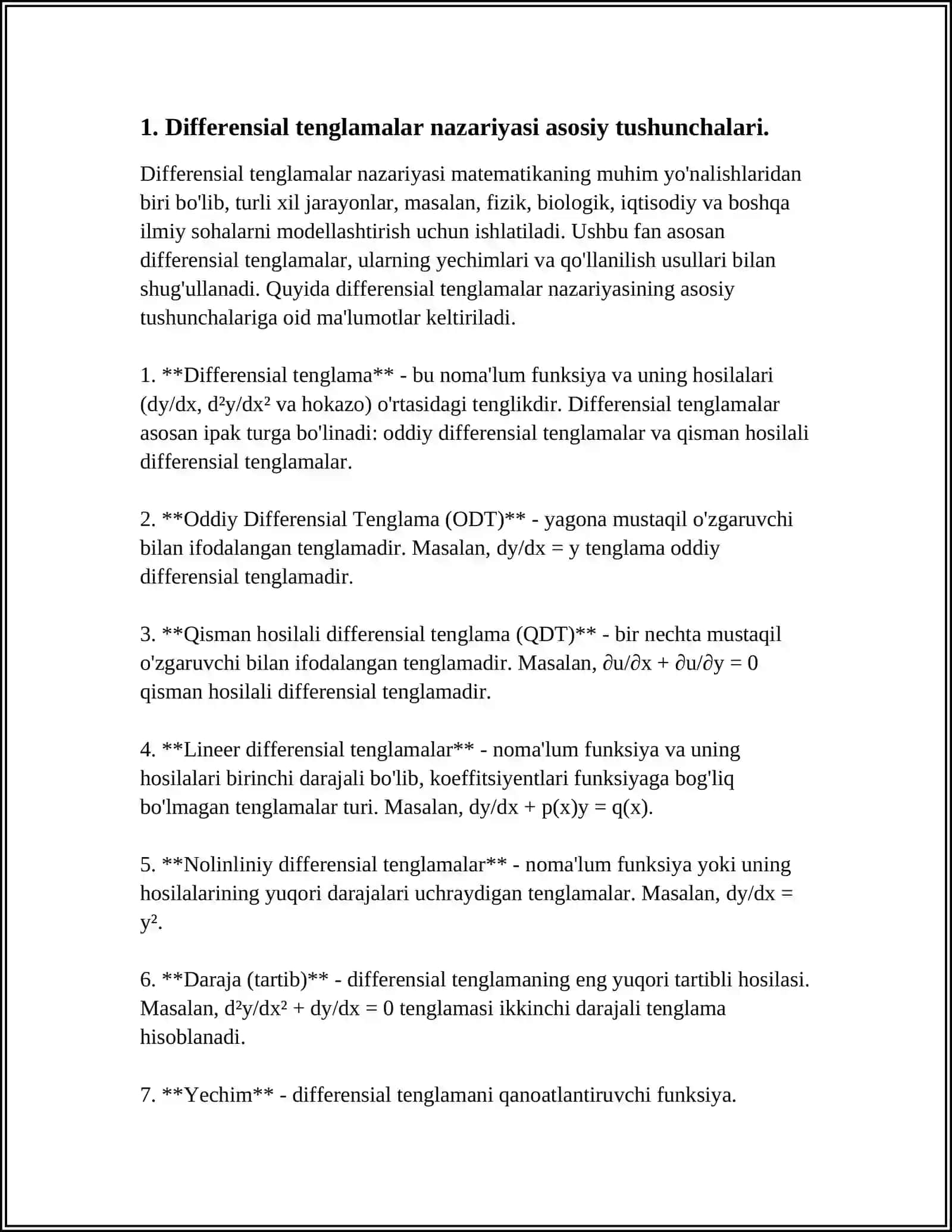 DIFFERENSIAL TENGLAMA KELTIRILUVCHI MASALALAR. DIFFERENSIAL TENGLAMALAR NAZARIYASINING ASOSIY TUSHUNCHALARI. 1-TARTIBLI DIFFERENSIAL TENGLAMA UCHUN KOSHI MASALASI YECHIMINING MAVJUDLIGI VA YAGONALIGI HAQIDAGI TEOREMA. O'ZGARUVCHILARI AJRALGAN VA AJRALADIGAN DIFFERENSIAL TENGLAMALAR 3