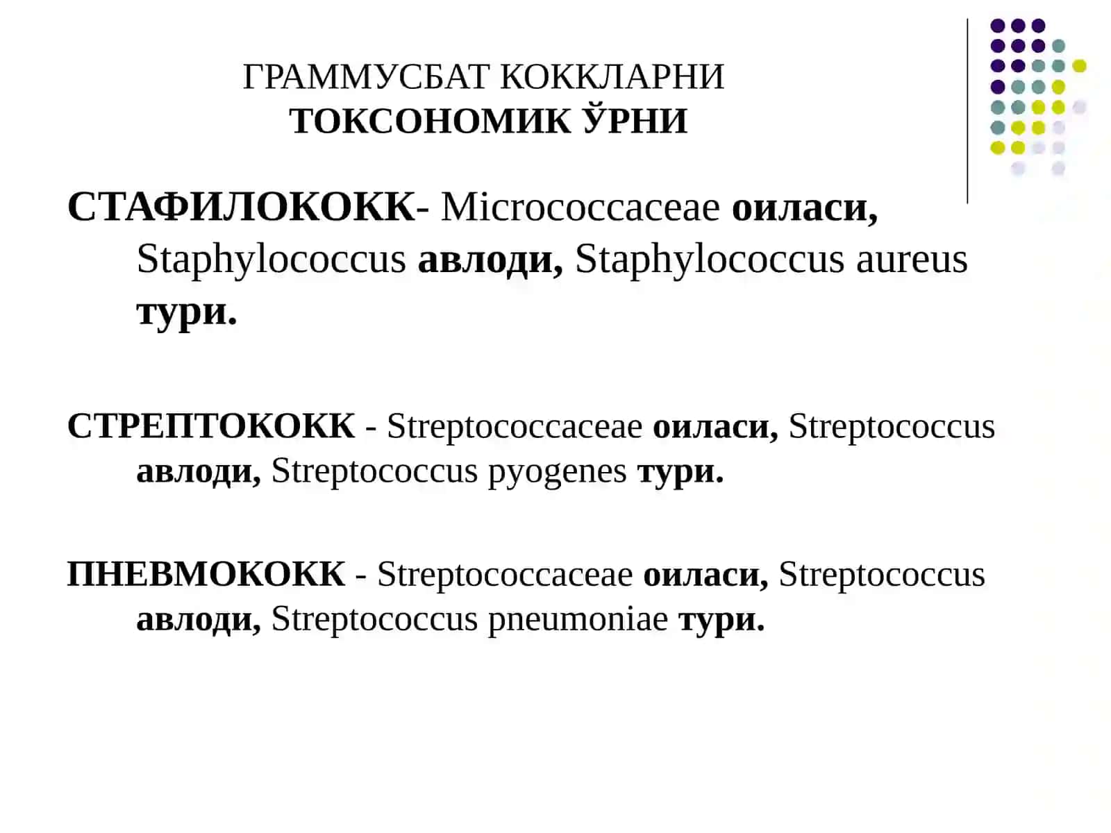 ГРАММУСБАТ КОККЛАР:СТАФИЛОКОККЛАР, СРЕПТОКОККЛАР, ПНЕВМОКОККЛАРВАГРАММАНФИЙКОККЛАР:ГОНОКОККЛАР, МЕНИНГОКОККЛАРНИ УМУМИЙ ХАРАКТЕРИСТИКАСИ, ЛАБОРАТОРИЯ ДИАГНОСТИКАСИ 3