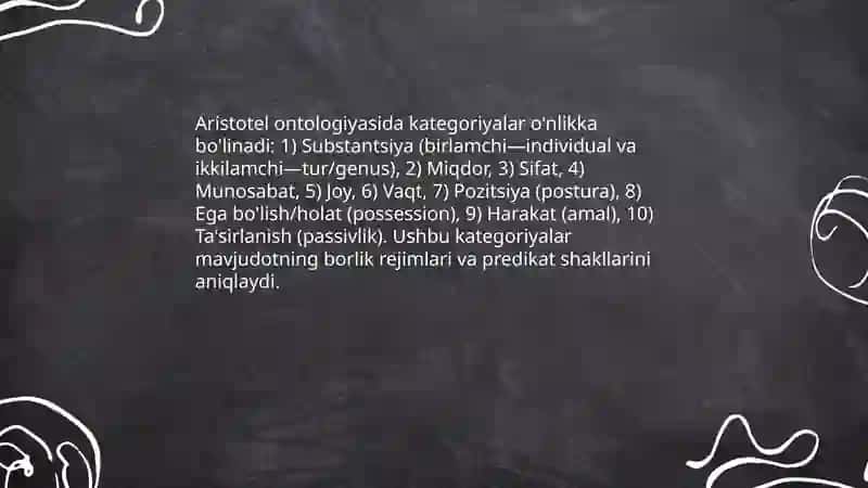 Aristotel, Forobiy va Kant ontologiyasida kategoriyalarning tasnifi 3