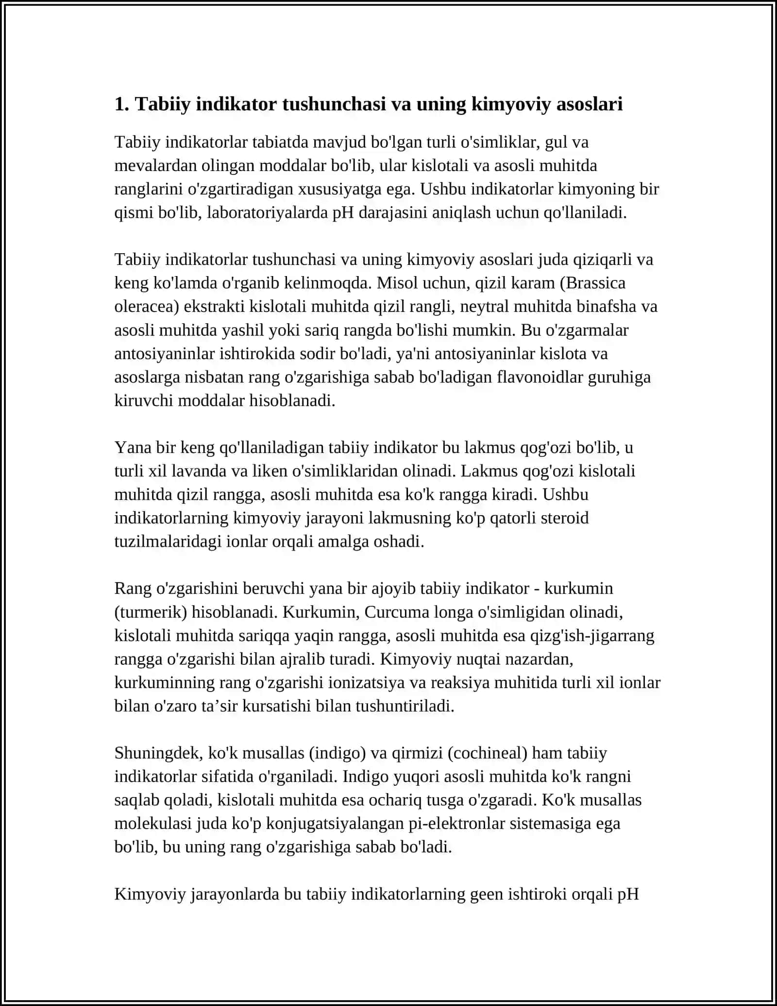 REFERAT "RANGLAR TILIDA KIMYO. TABIIY INDIKATORLAR YORDAMIDA KISLOTA VA ASOSLARNI ANIQLAYMIZ" 3