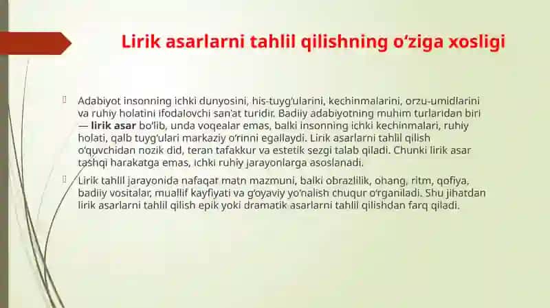 Taqdimot Mavzu: Lirik asarlarni tahlil qilishning oʻziga xosligi 3