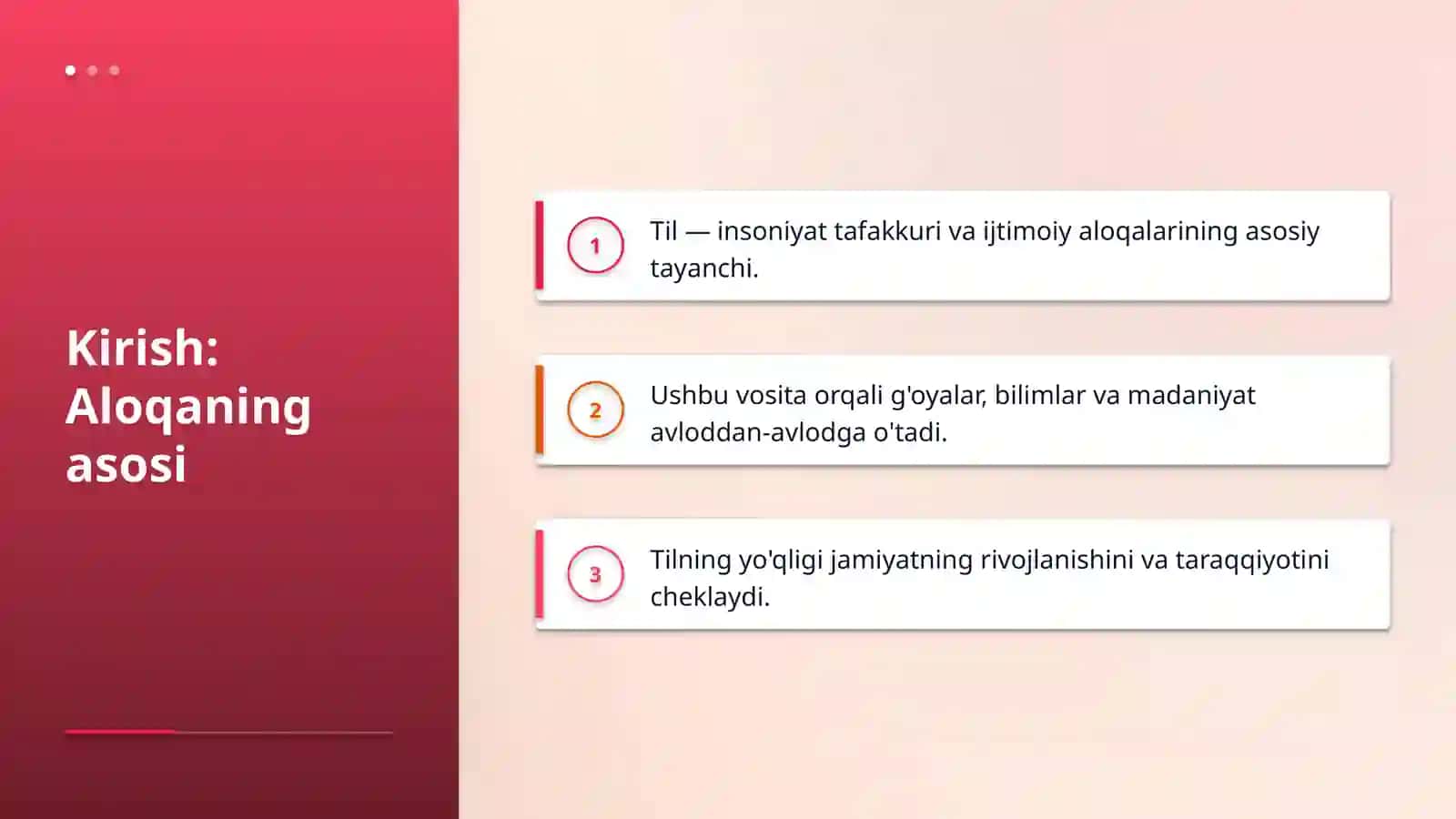 Til insonlar ortasidagi eng muhim  aloqa vositasi shu mavzu boyicha aniq faktlar bilan rasmlar bilan taqdimot yaratilsin mavzu tushunarli bolsin voqealar bolsa ham yaxshi ammo mavzu aniq yoritilib berilsin 3