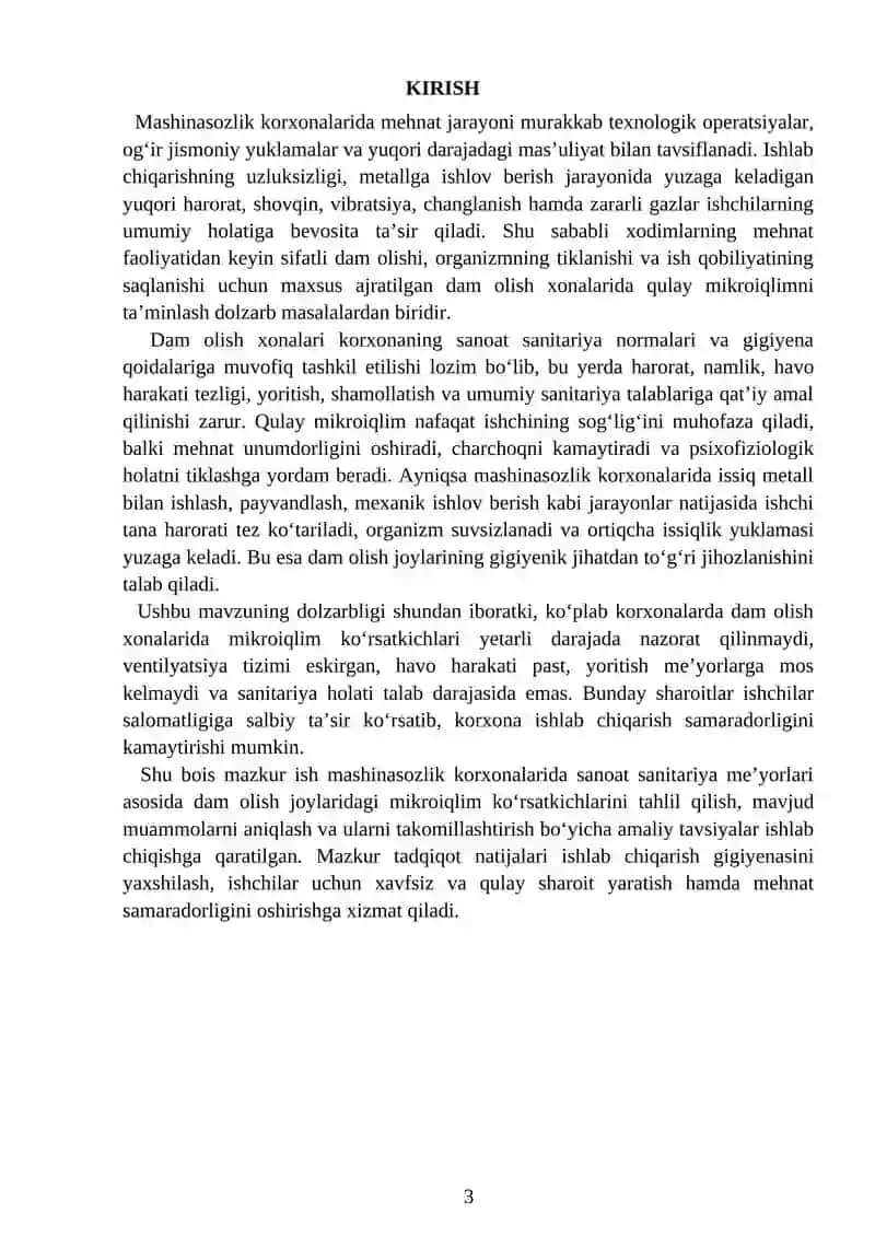 mehnat muhofazasi fanidan kurs ishi loyihasi tayyori Mashinasozlik korxonalarida sanoat sanitariya norma va qoidalariga asoslanib, ishchi xodimlarning dam olish joylarida mikroiqlim ko‘rsatkichlarini takomillashtirish 3