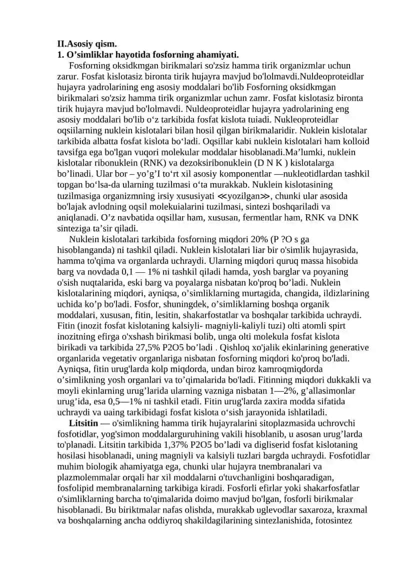Fosforning o’simliklar hayotidagi ahamiyati, tuproqdagi shakllari va ularning o’simliklar tomonidan o’zlashtirilishi. 3