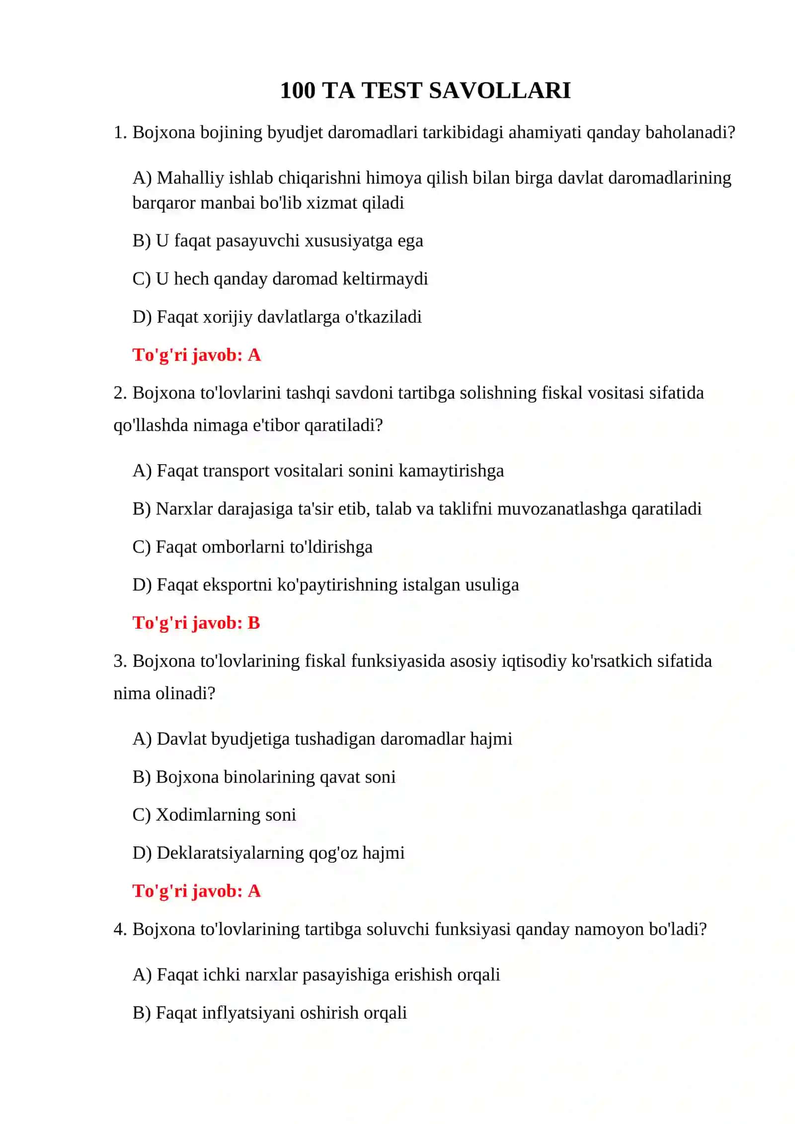BOJXONA IQTISODIYOTI 100 TA TEST 3