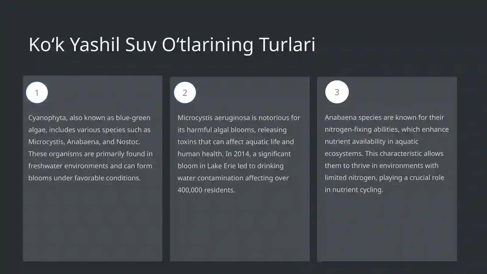 KOʻK YASHIL SUV OʻTLARI(CYANPHYTA) TURLARINING EKOLOGIK AHAMIYATI VA SUV HAVZALARIDAGI ROʻLI 3