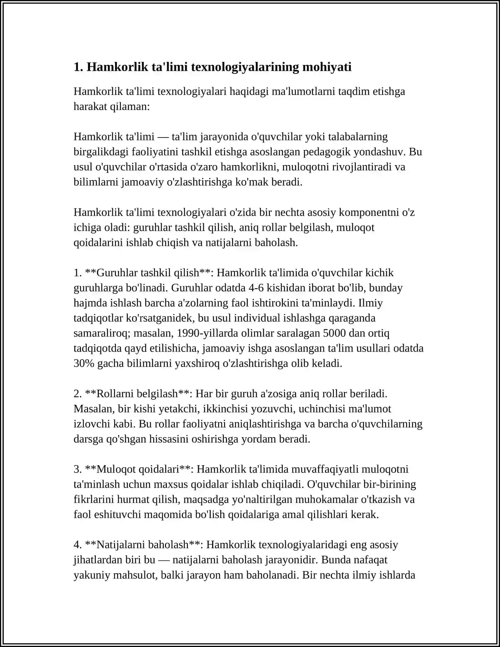 HAMKORLIK TAʼLIMI TEXNOLOGIYALARINING USTUVOR TAMOYILLARI, MUHIM BELGILAR VA TARKIBIY ELEMENTLARI 3