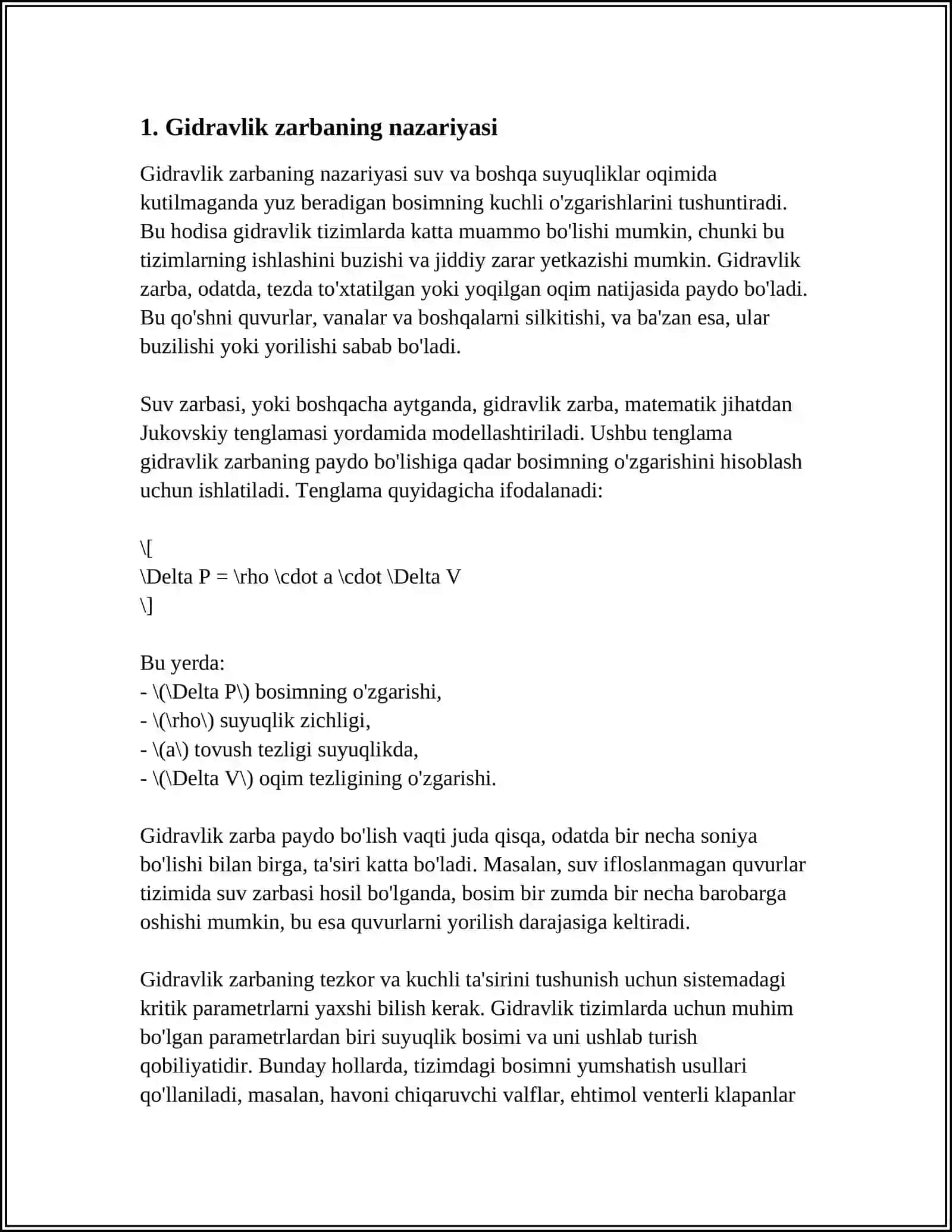 SUYUQLIK VA GAZLARDA QUVURLARDAGI GIDRAVLIK ZARBA 3