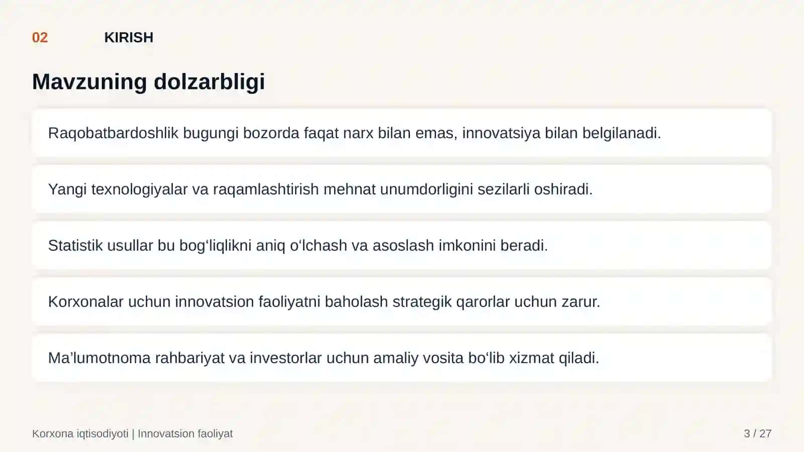 MUSTAQIL ISH Korxonaning innovatsion faoliyati va raqobatbardoshligini baholash bo‘yicha ma’lumotnoma 3