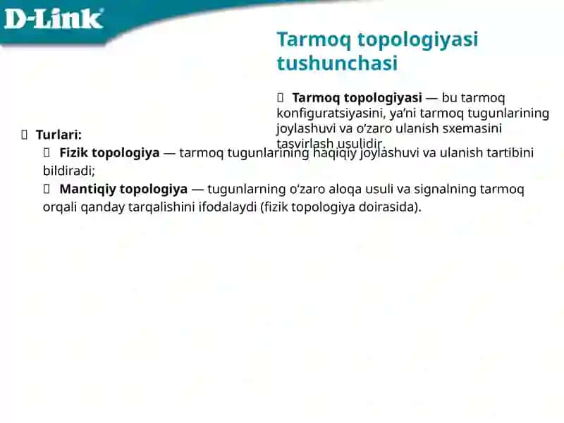Tarmoq tuzilmasi va tarmoq topologiyasi tushunchasi. Aktiv tarmoq uskunalari 3